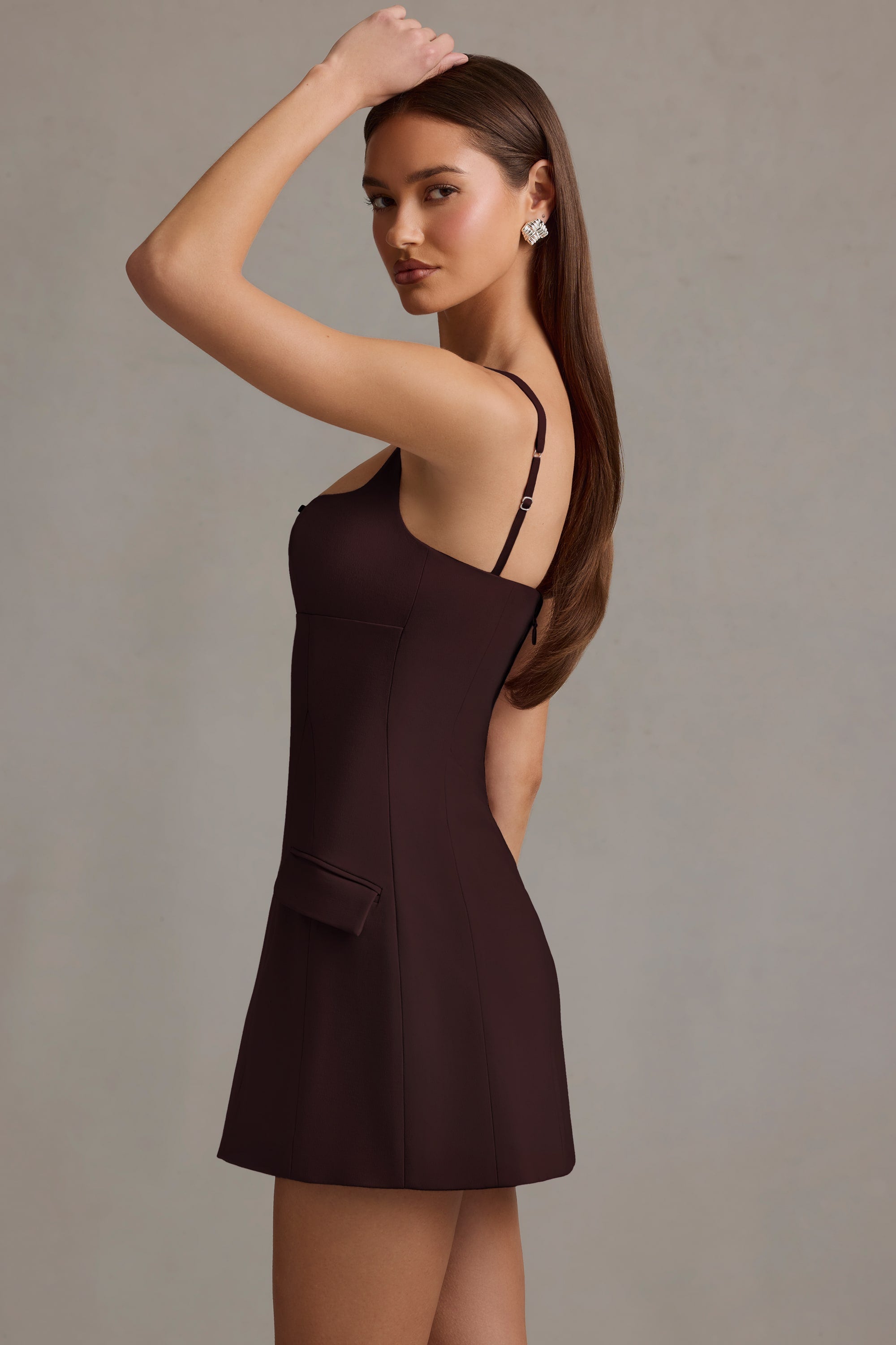 Zarina Cut-Out Structured A-Line Mini Dress in Chocolate Brown - Image 6