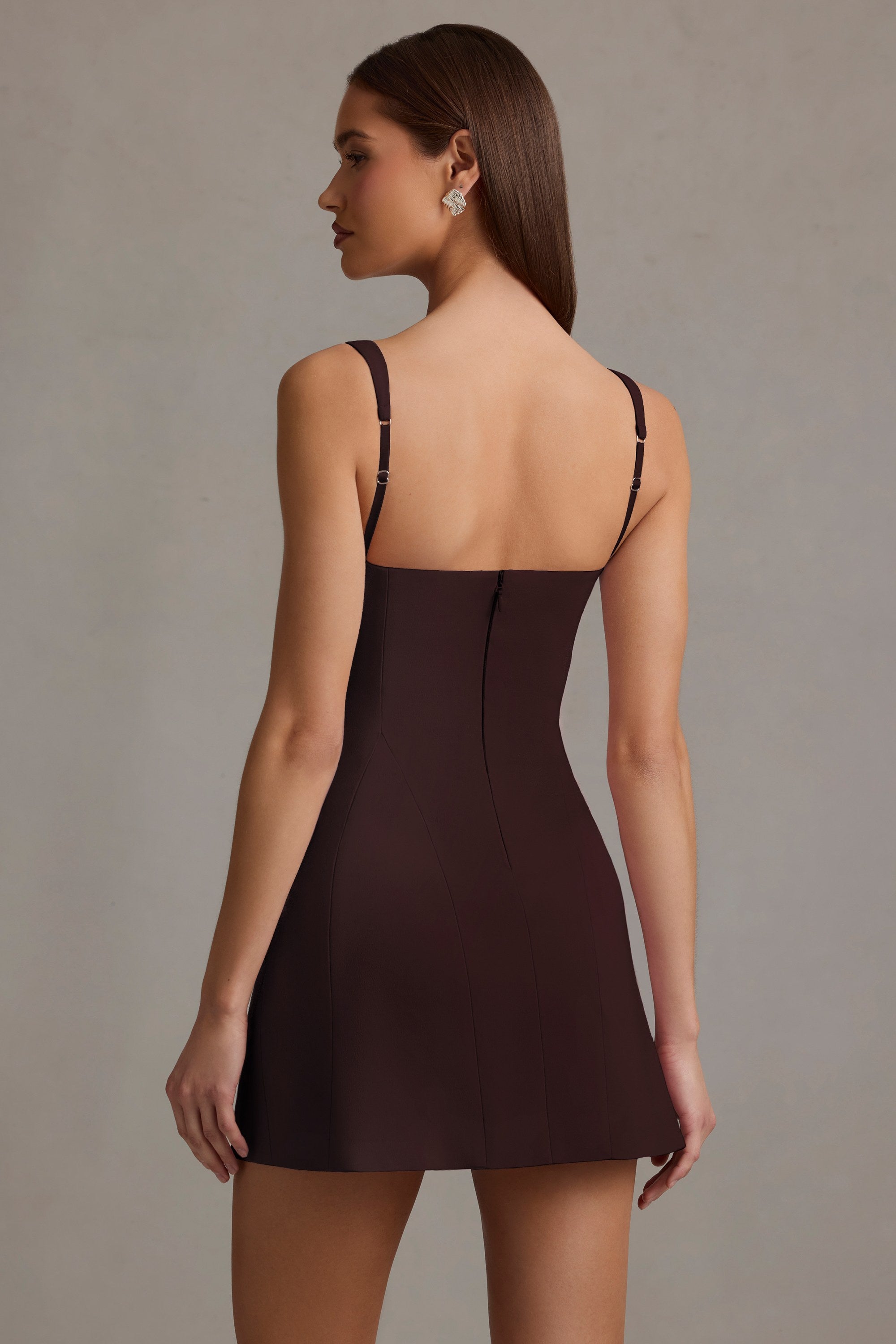 Zarina Cut-Out Structured A-Line Mini Dress in Chocolate Brown - Image 9