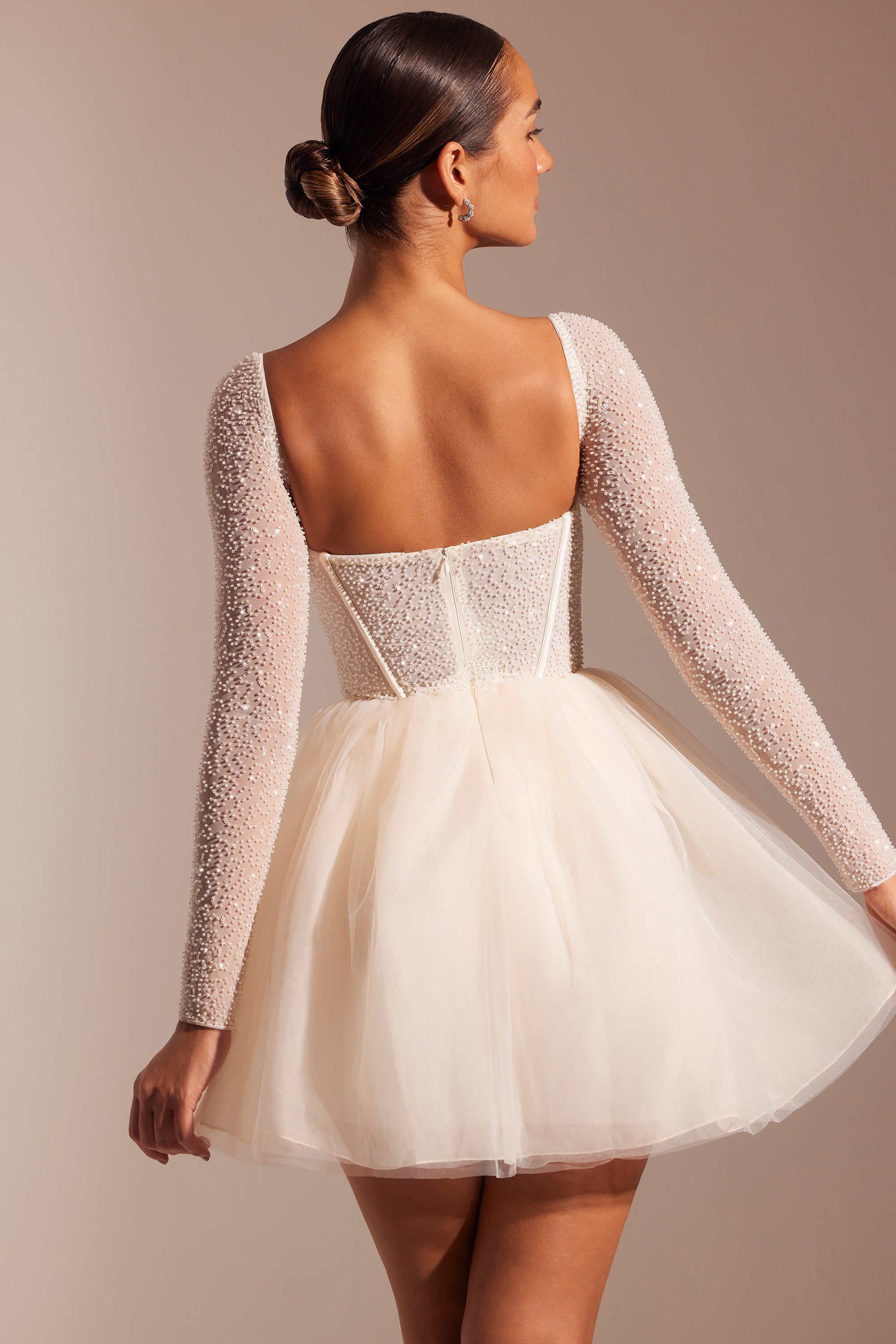 Calliope Embellished Long Sleeve Tulle Skirt Mini Dress in Ivory - Image 2