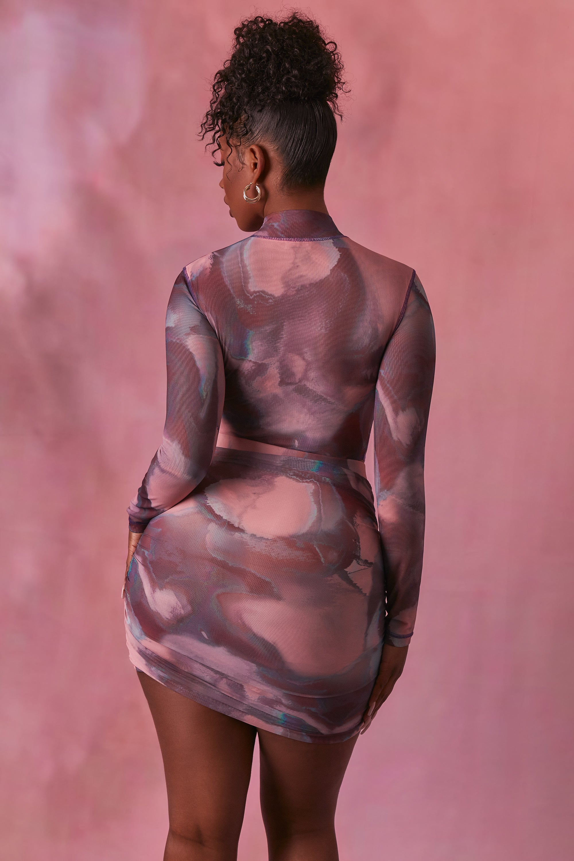 Supernova High Neck Long Sleeve Mesh Bodysuit in Blush - Image 2