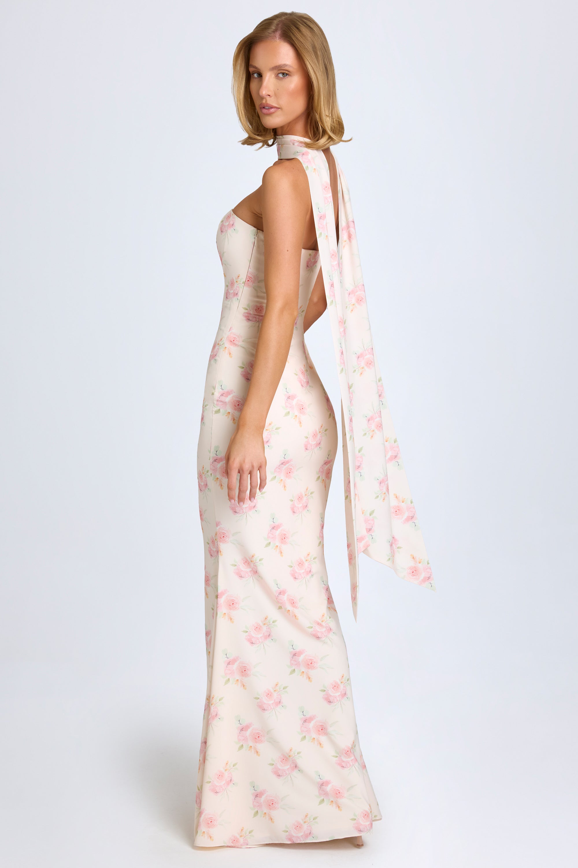 Imogene Scarf-Detail Strapless Gown in Rose Print - Image 7