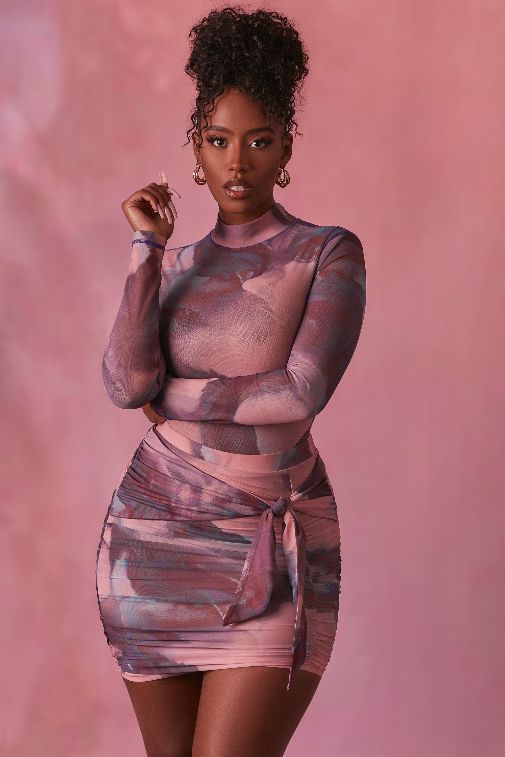 Supernova High Neck Long Sleeve Mesh Bodysuit in Blush - Image 4