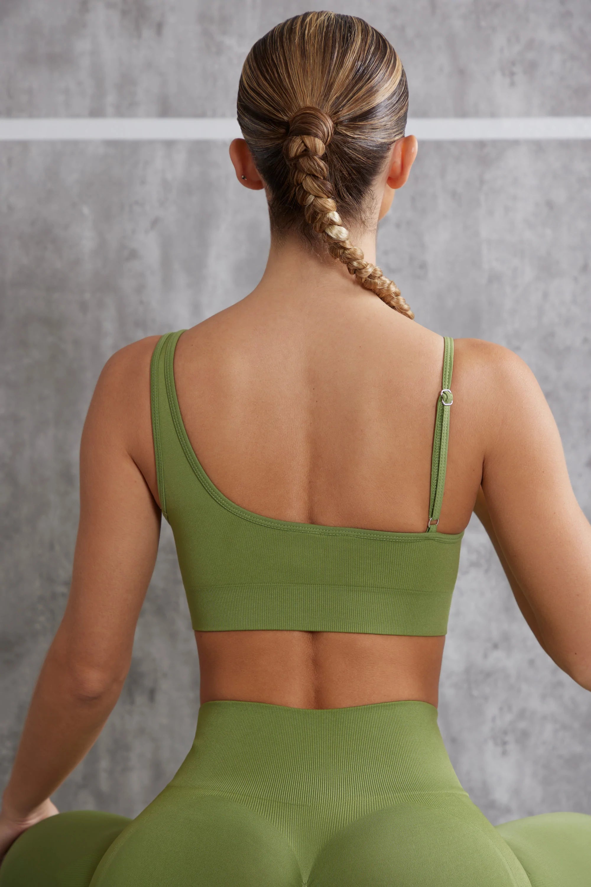 Stretch Asymmetric Sports Bra in Olive - Image 2