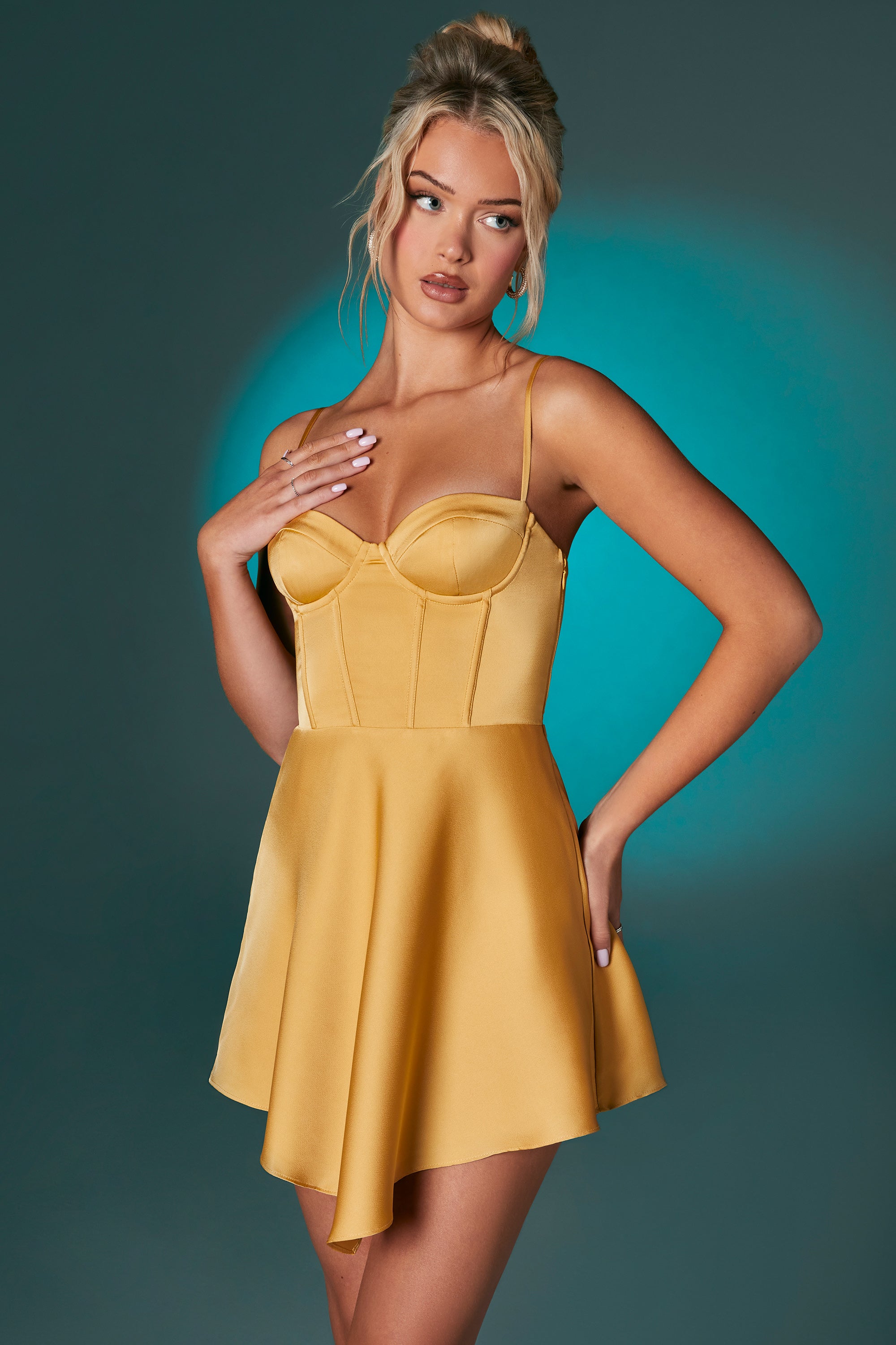 Tinsley Asymmetric Hem Corset Mini Dress in Gold