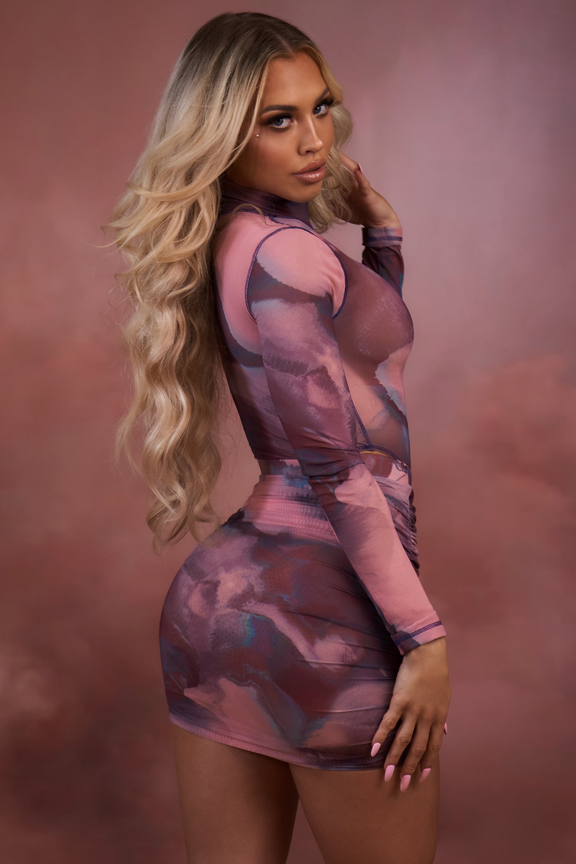 Supernova High Neck Long Sleeve Mesh Bodysuit in Blush - Image 8