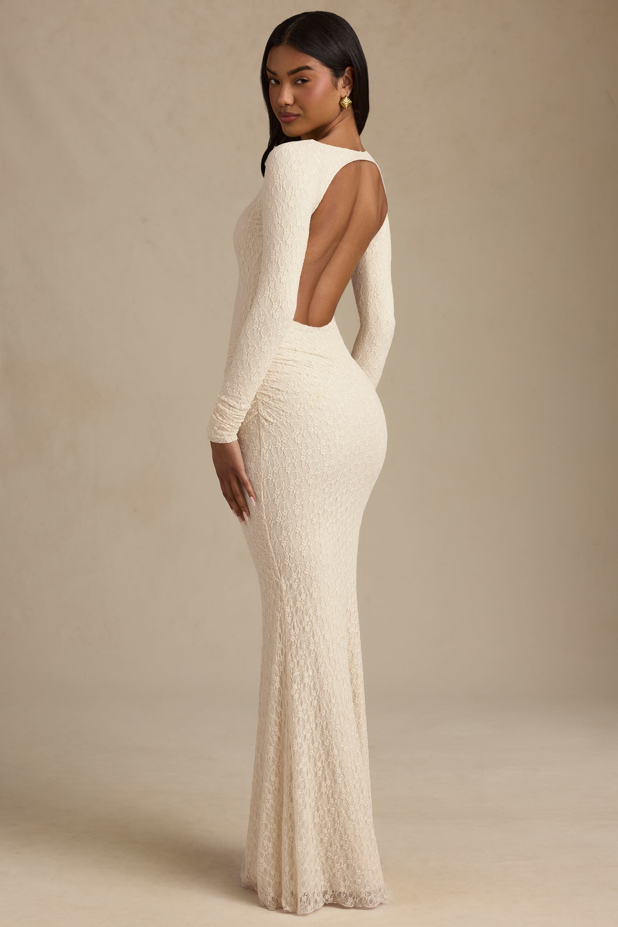 Tarini Ruched Backless Lace Maxi Dress in Ivory