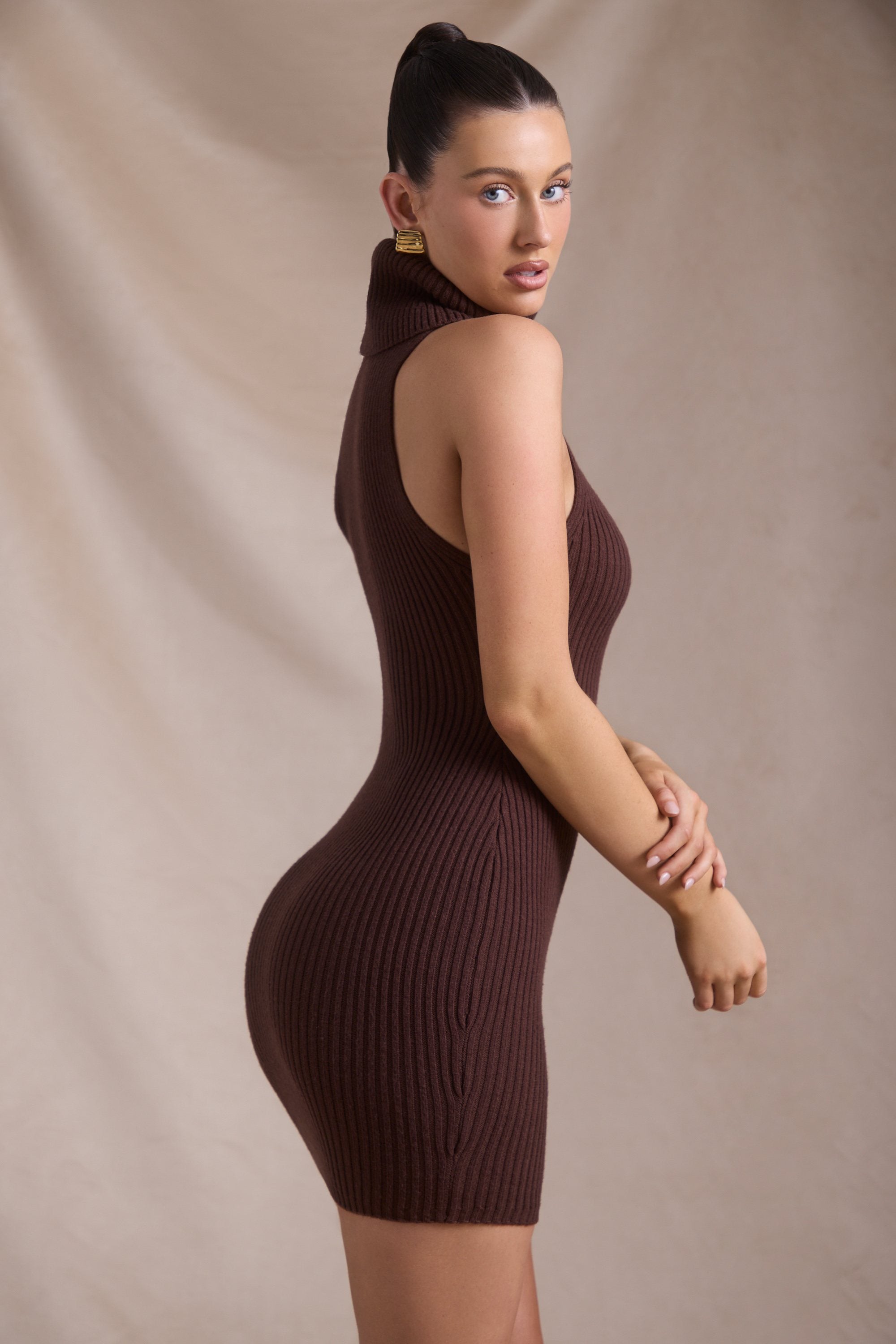 Daiya Ribbed-Knit Turtleneck Mini Dress in Espresso - Image 5
