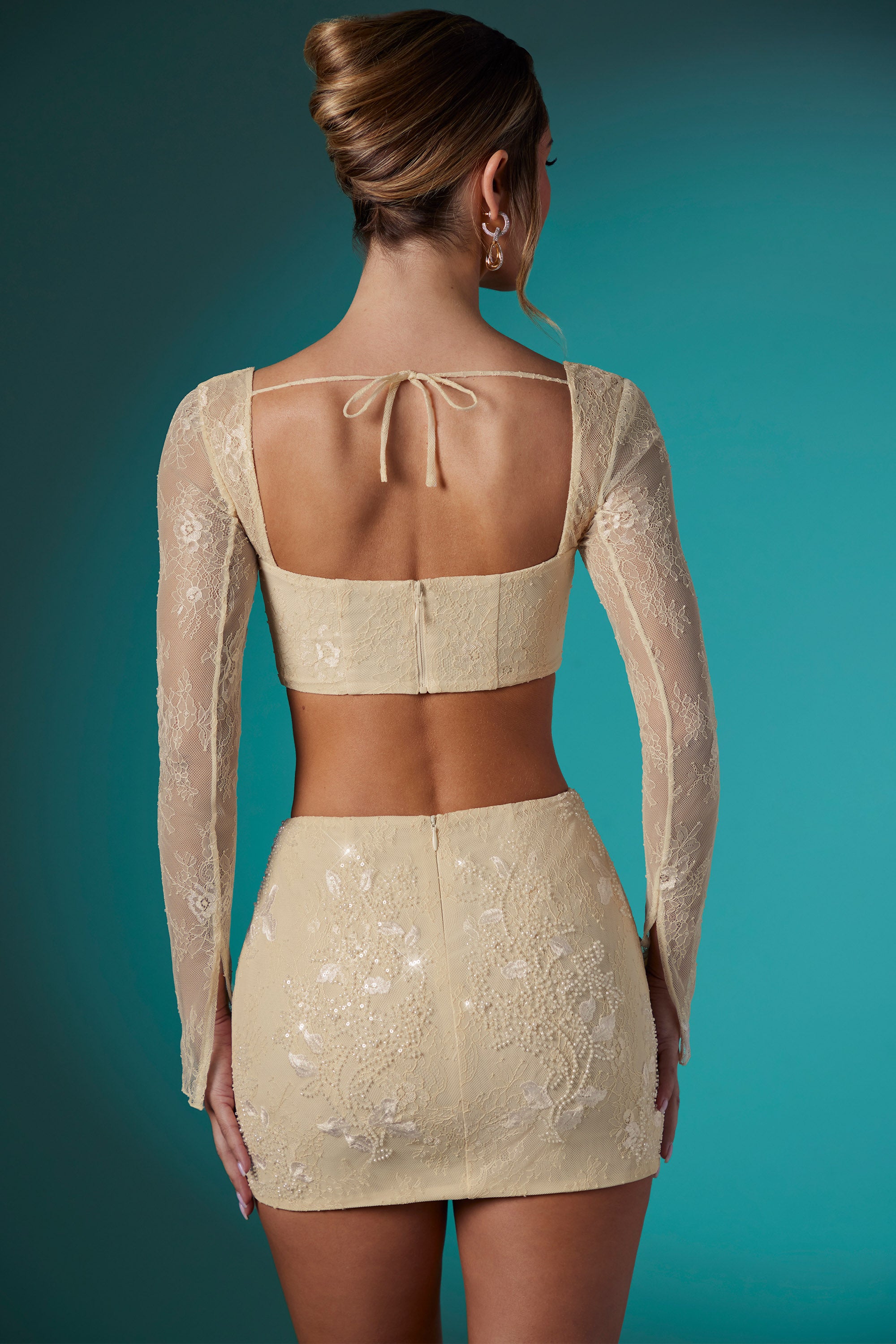 Romy Embellished Lace Bodycon Mini Skirt in Ivory - Image 2