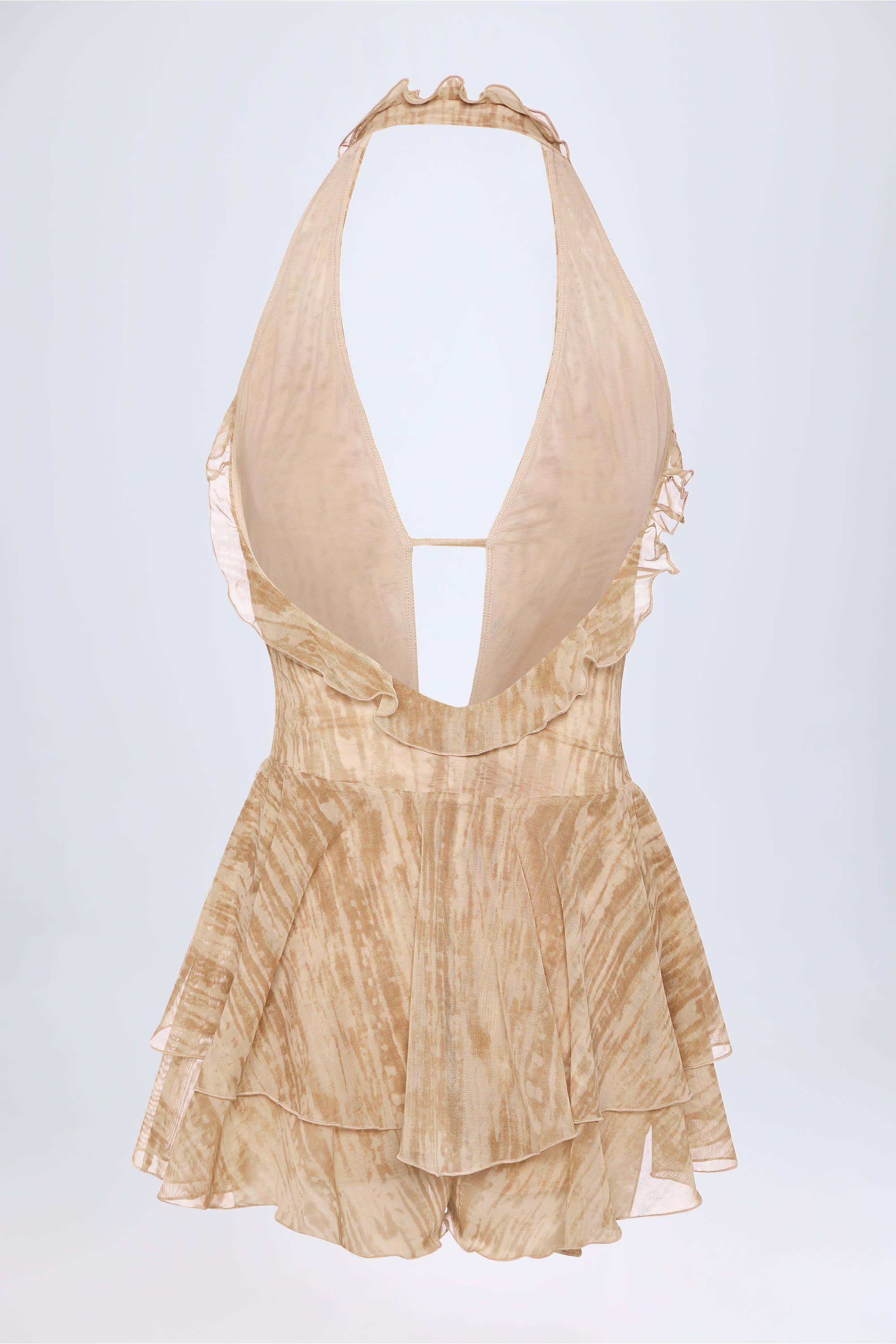 Morgaine Ruffled Plunge Halterneck Playsuit in Tan Print - Image 4