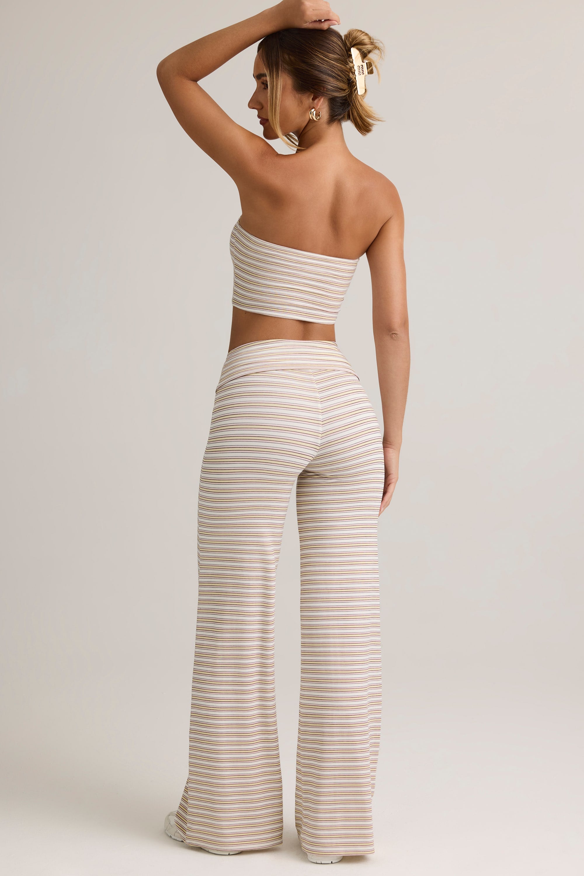 Melida Modal Foldover Wide-Leg Trousers in Pink & Yellow Stripe - Image 2