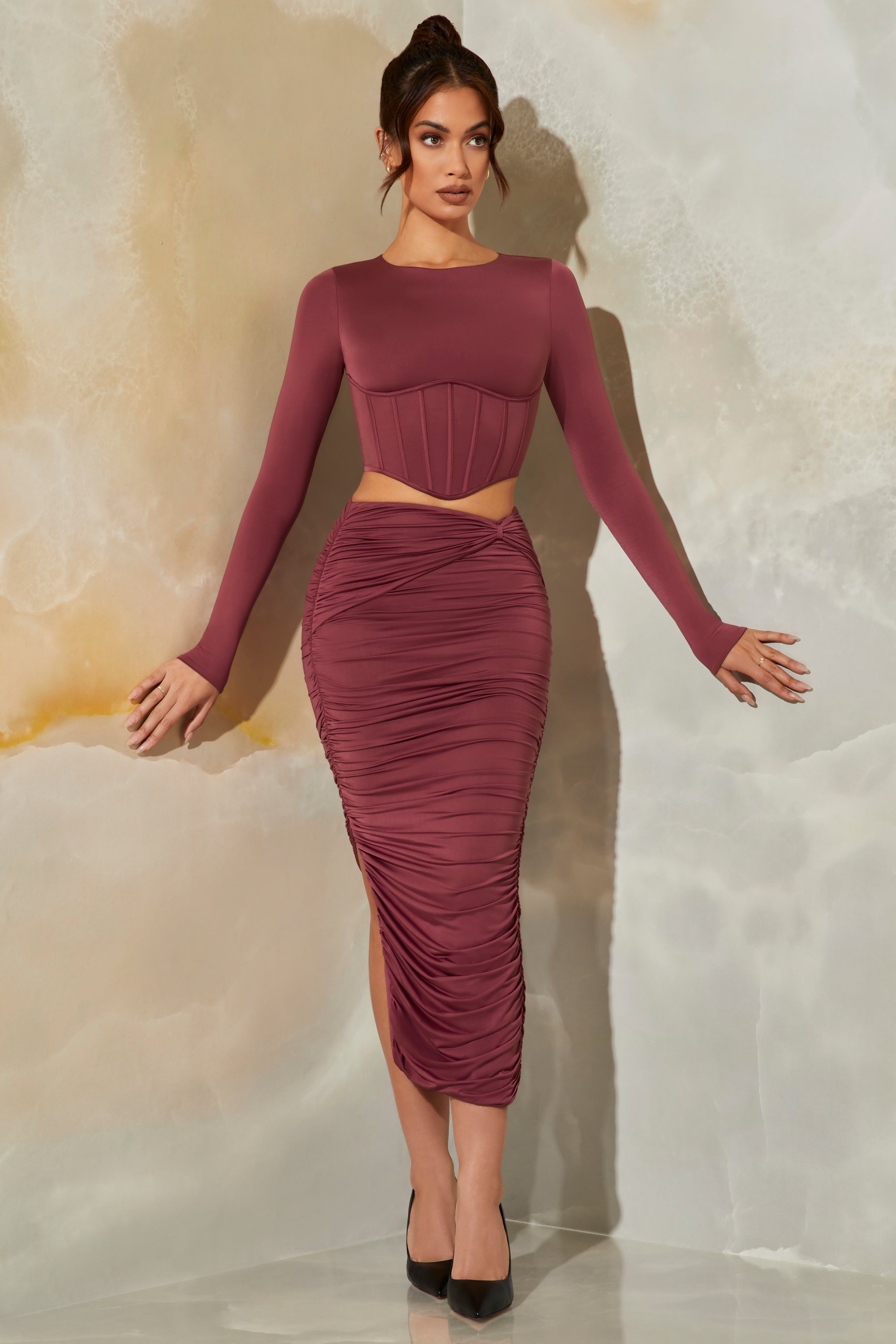 Nova Ruched Maxi Skirt in Dark Mauve - Image 6