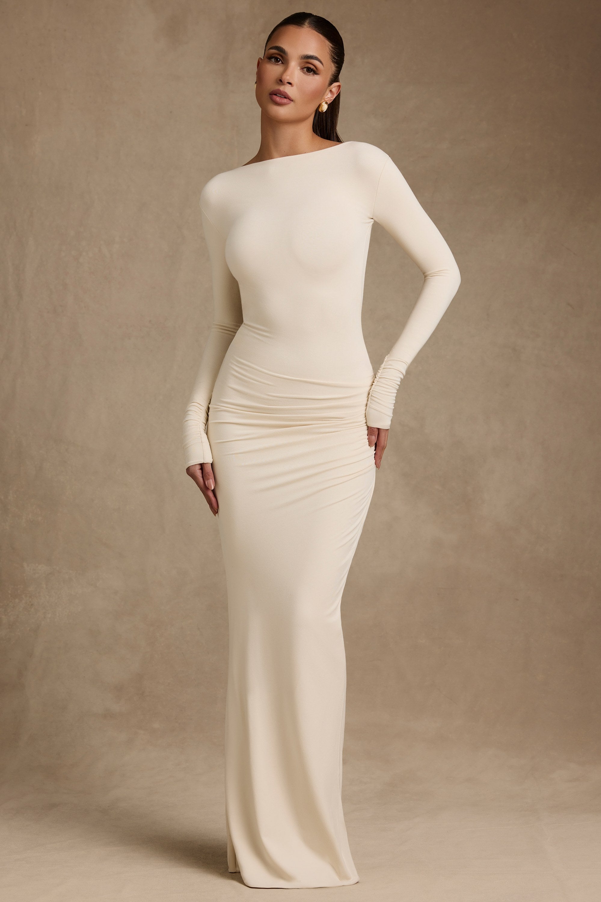 Regine Modal Ruched Backless Maxi Dress in Ivory