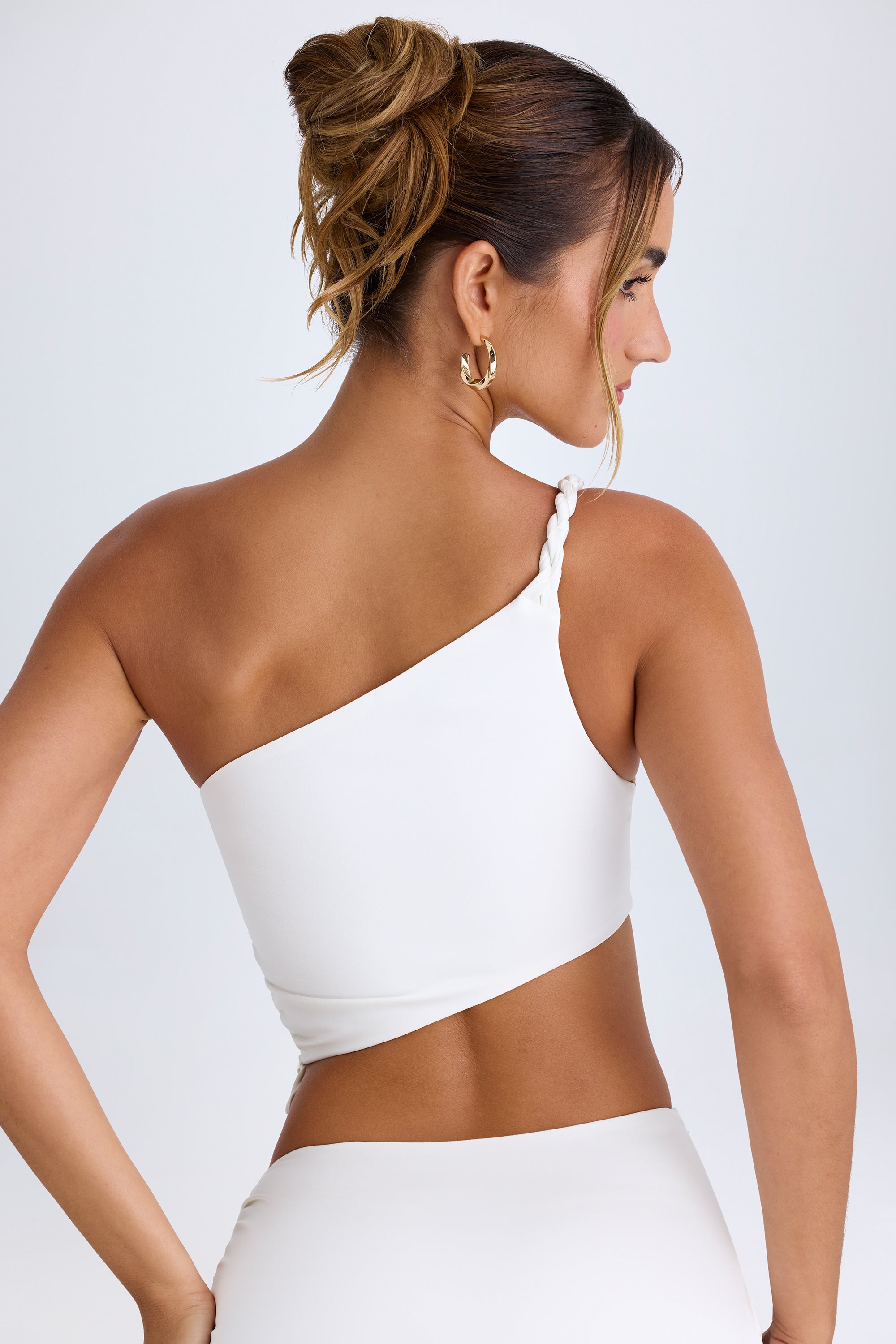 Brisa Ruched Asymmetric Crop Top in White - Image 2