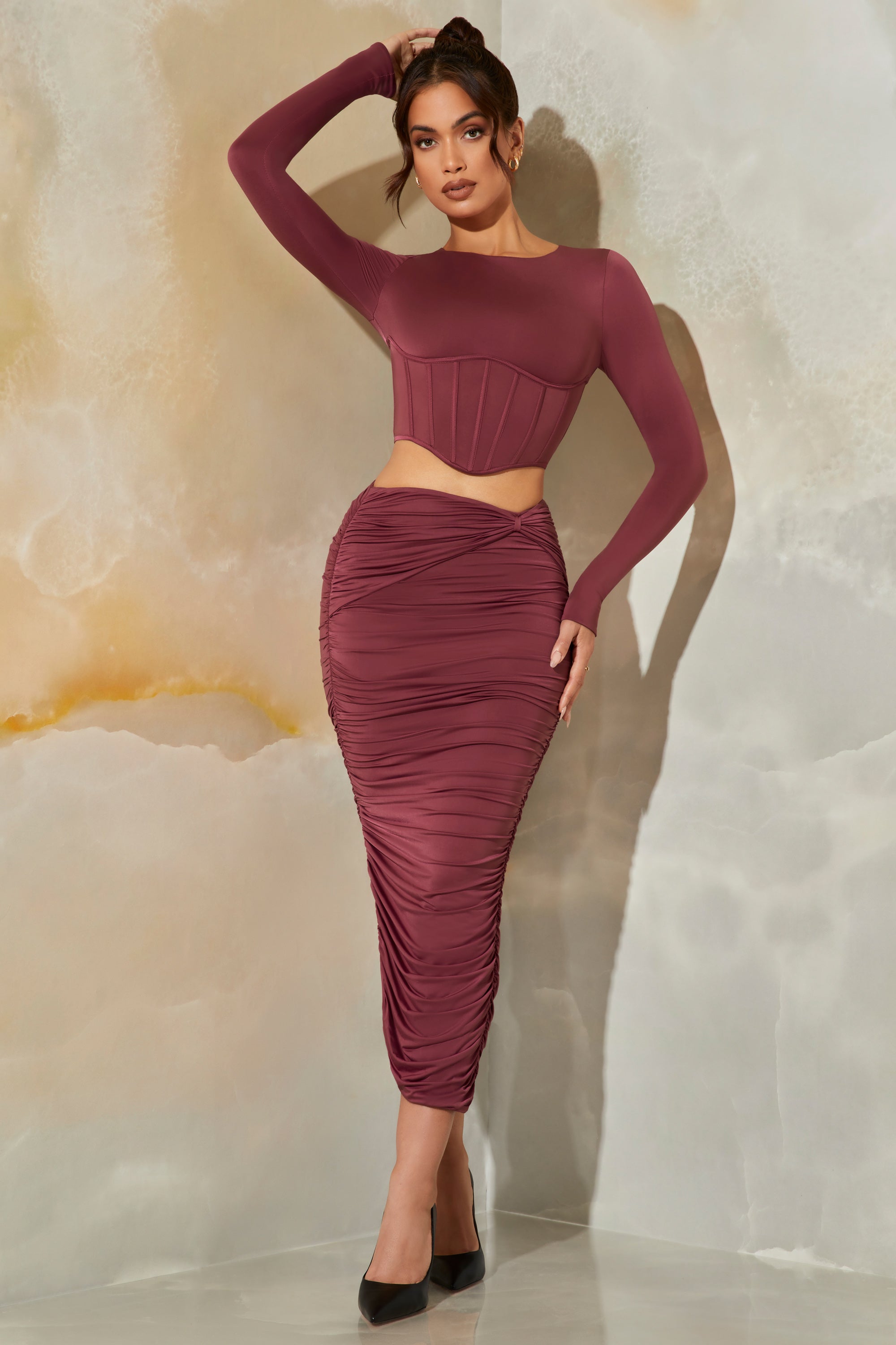 Nova Ruched Maxi Skirt in Dark Mauve - Image 7