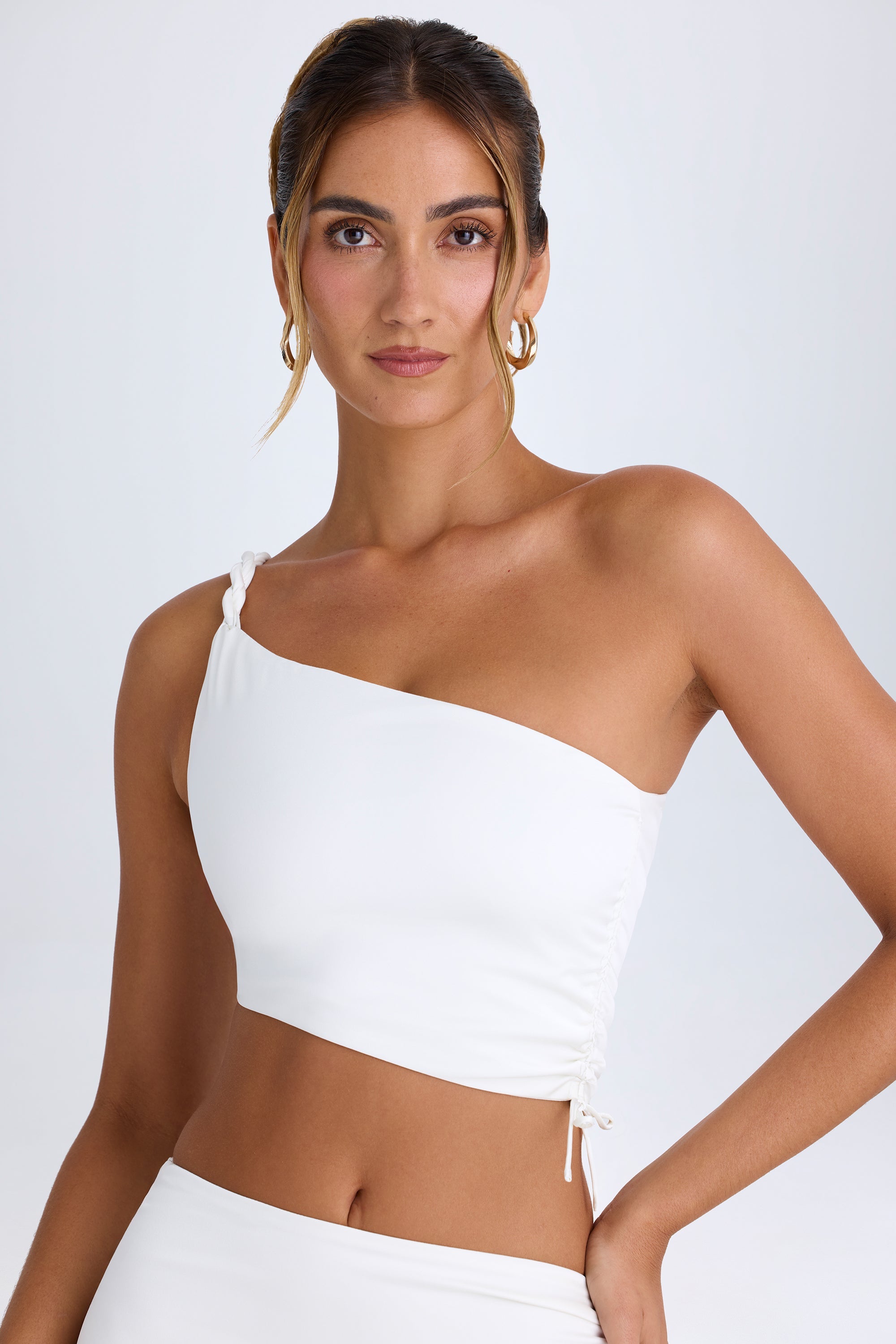 Brisa Ruched Asymmetric Crop Top in White - Image 4
