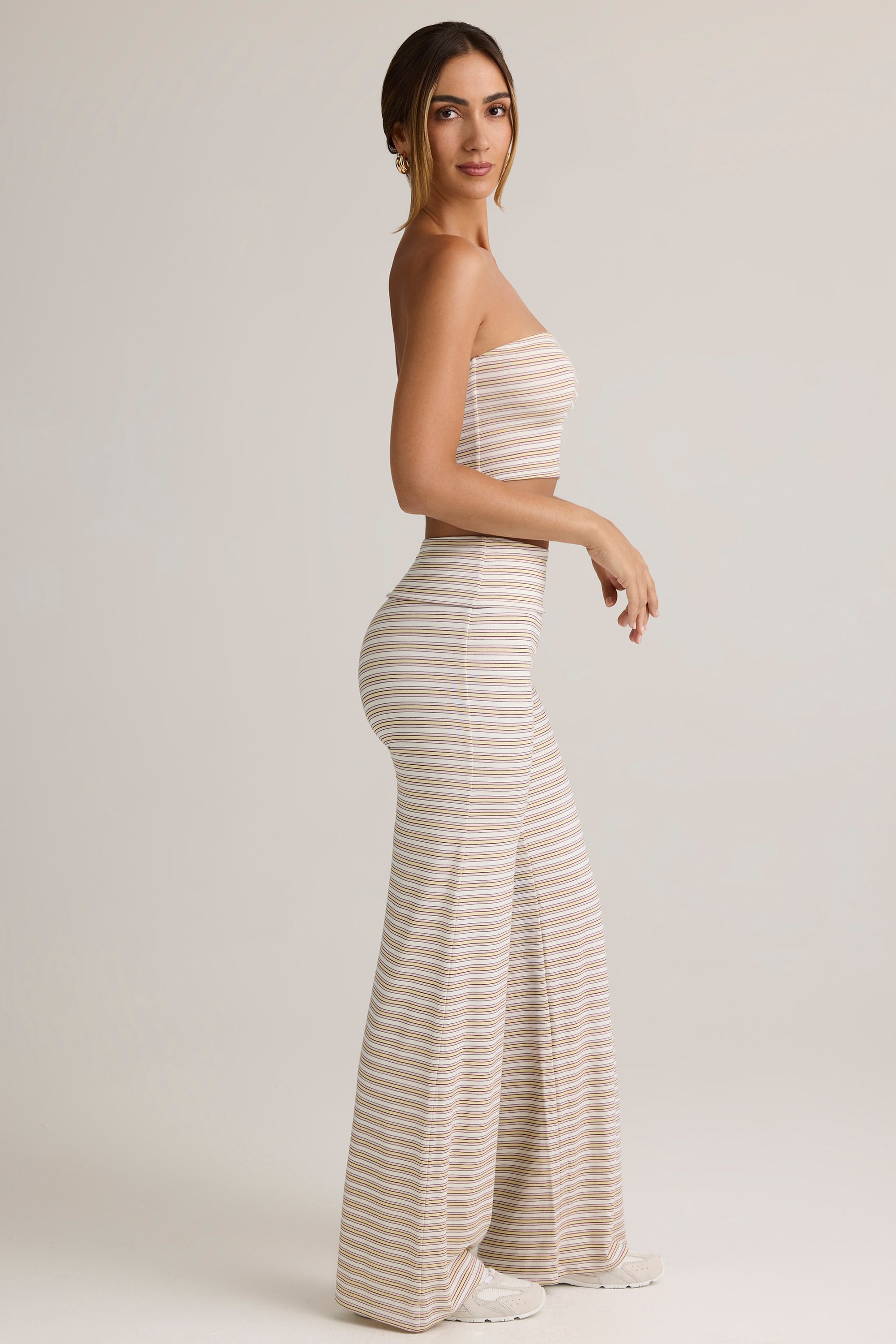 Melida Modal Foldover Wide-Leg Trousers in Pink & Yellow Stripe - Image 3