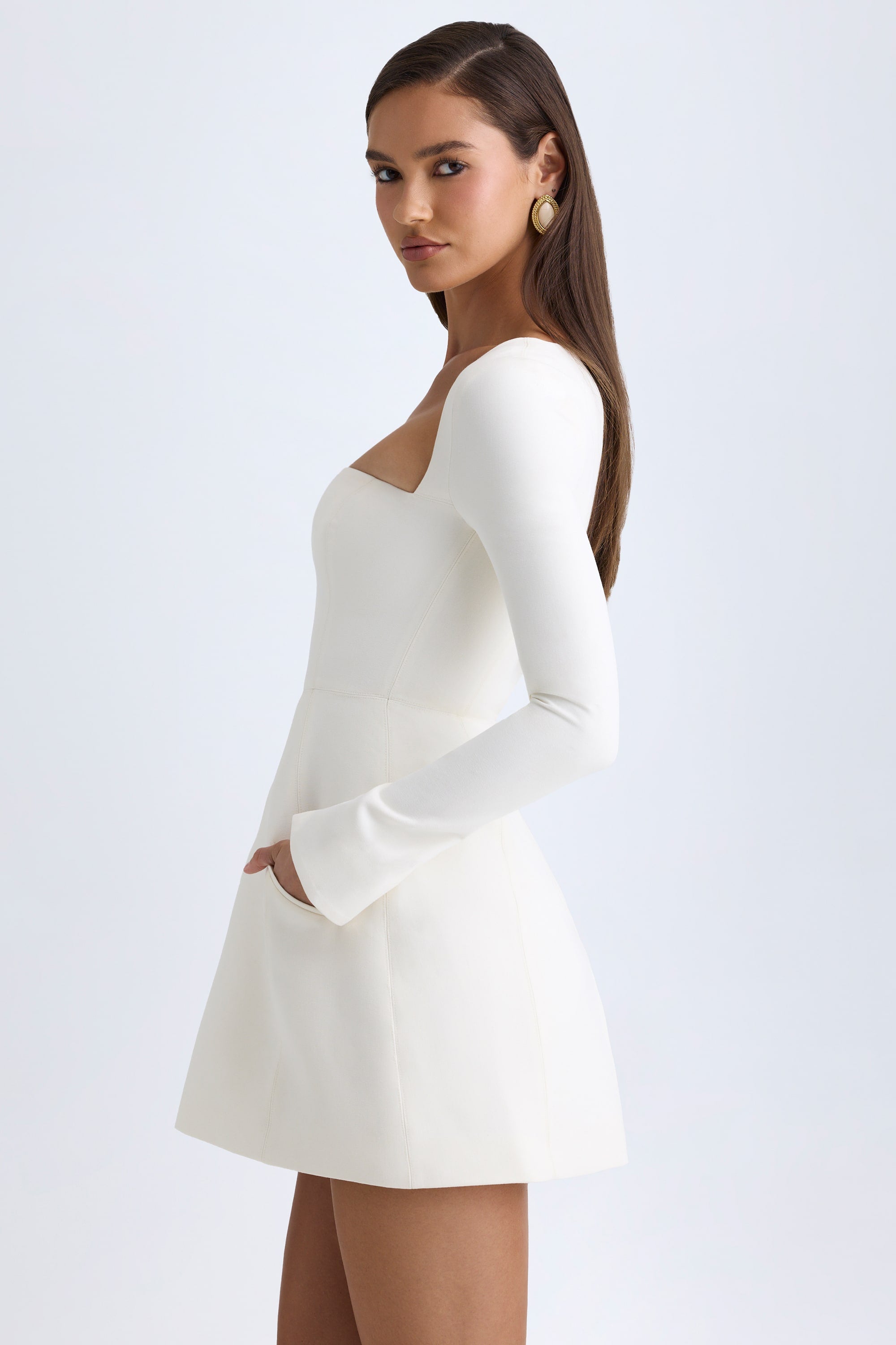 Taesha Square-Neck Structured Tulip Mini Dress in Vanilla - Image 4