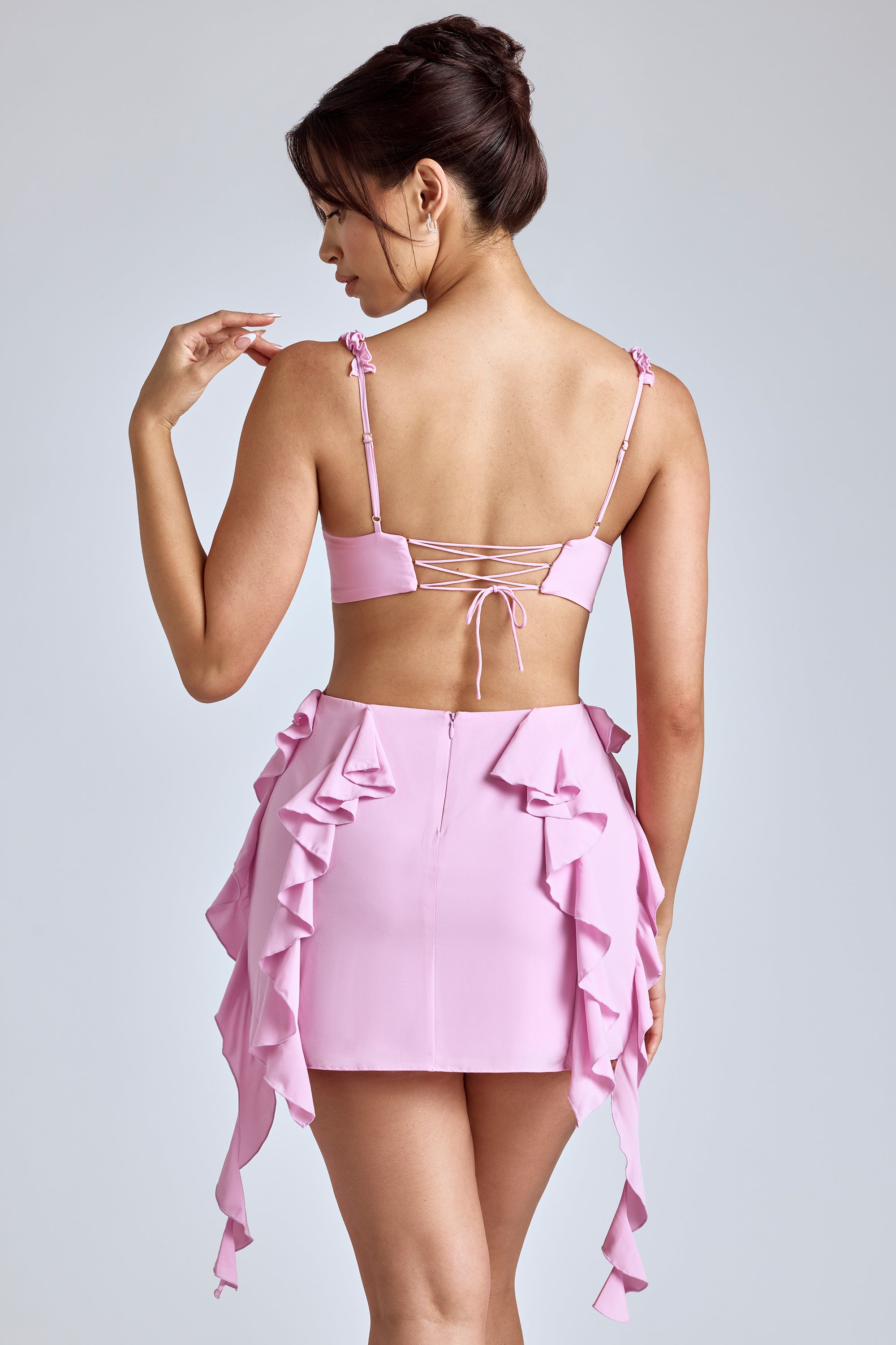Evalia Panelled Ruffle Mini Dress in Baby Pink - Image 2