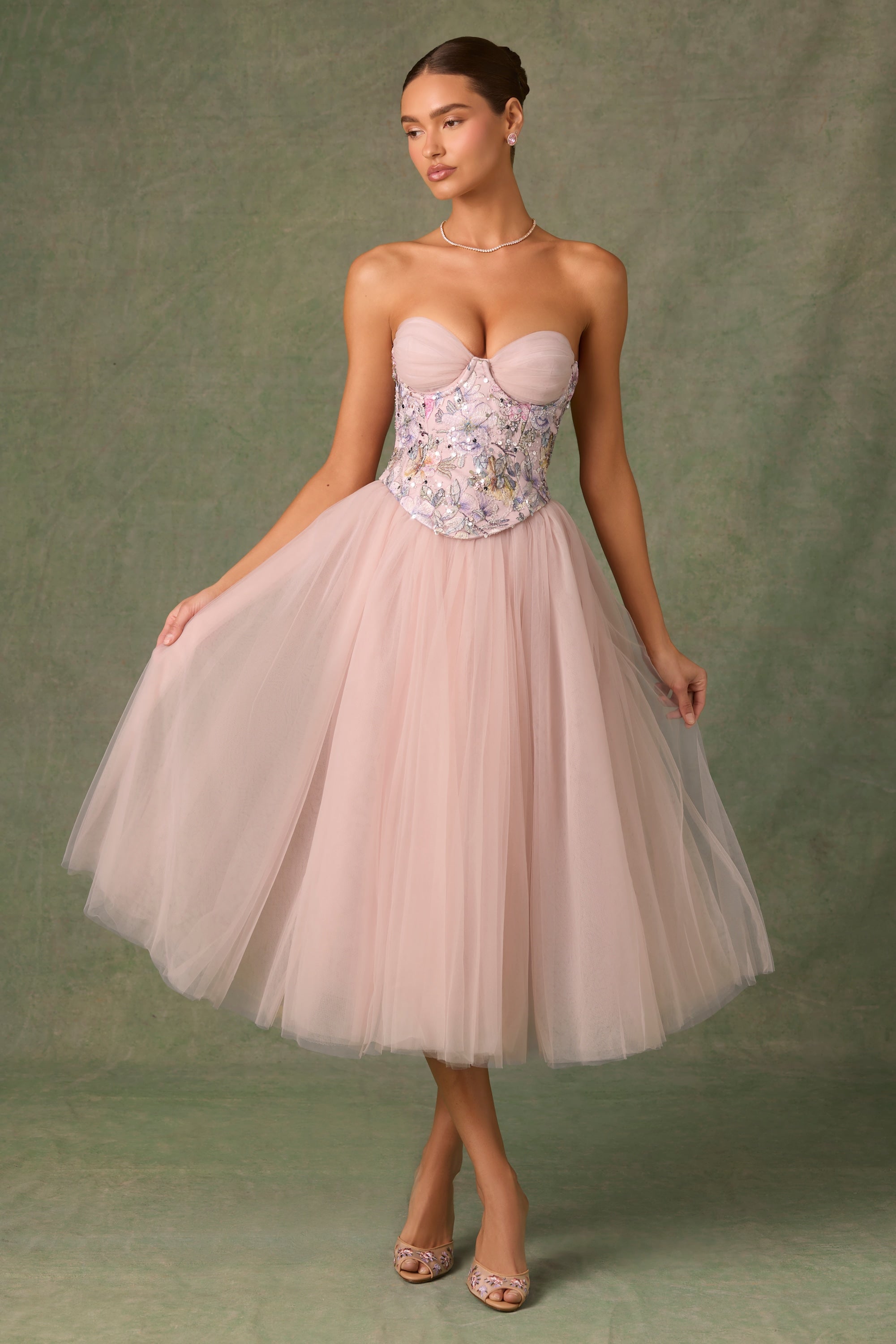 Elia Embellished Lace-Up Corset in Floral Pink