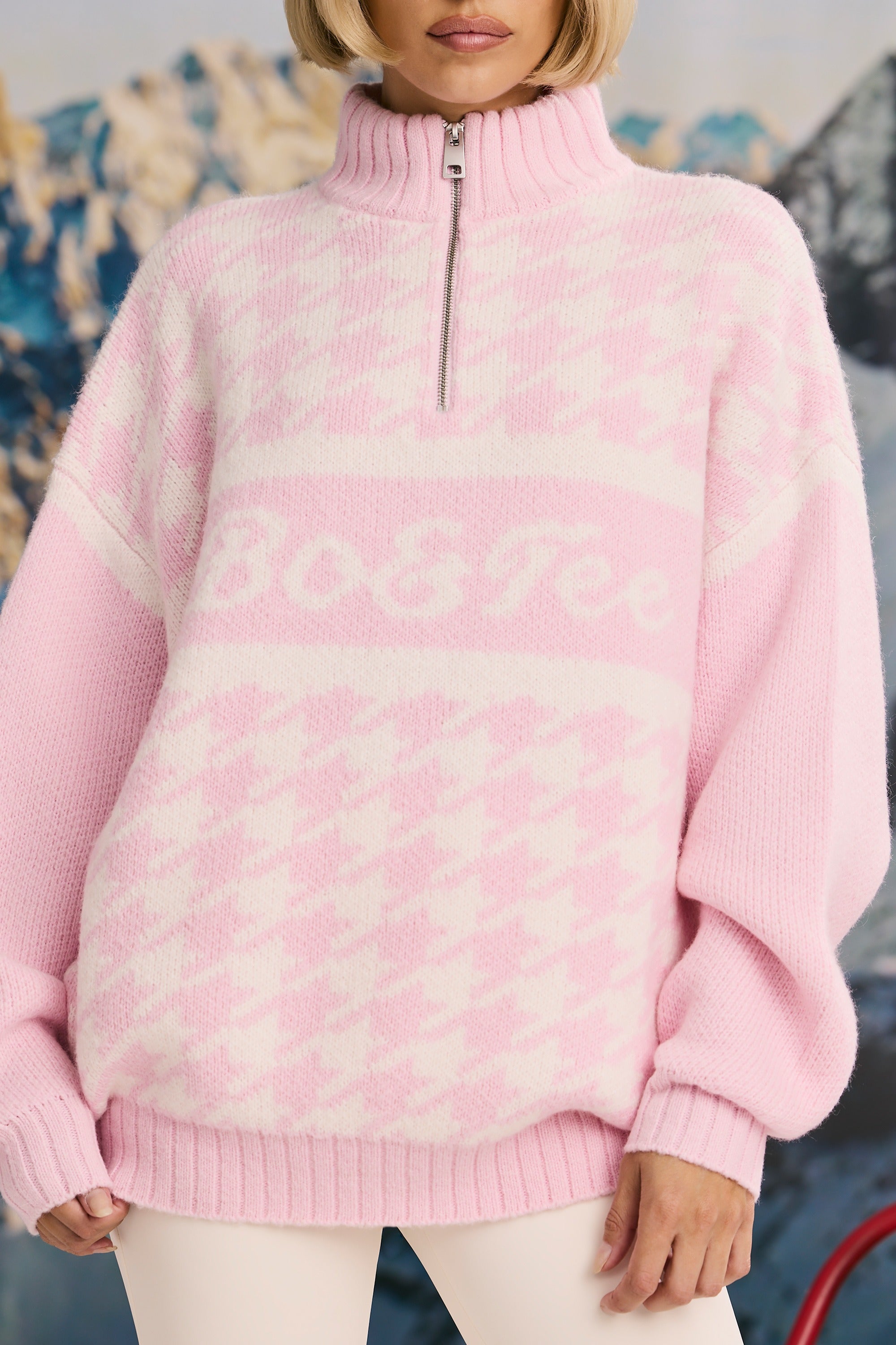 Oversized Half-Zip Chunky-Knit Jumper in Pastel Pink - Image 4