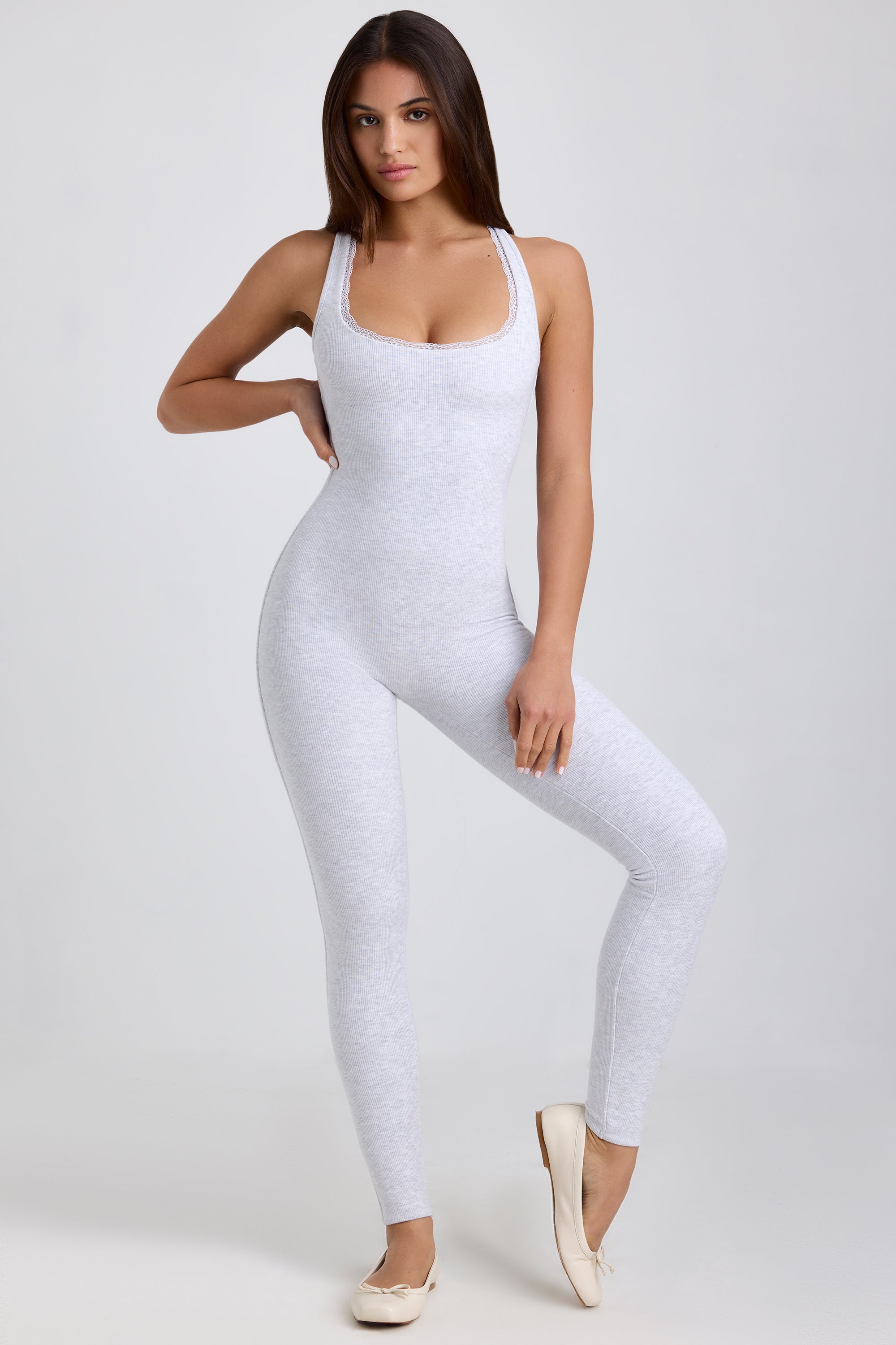 Ulla Petite Ribbed Modal Lace-Trim Jumpsuit in Grey