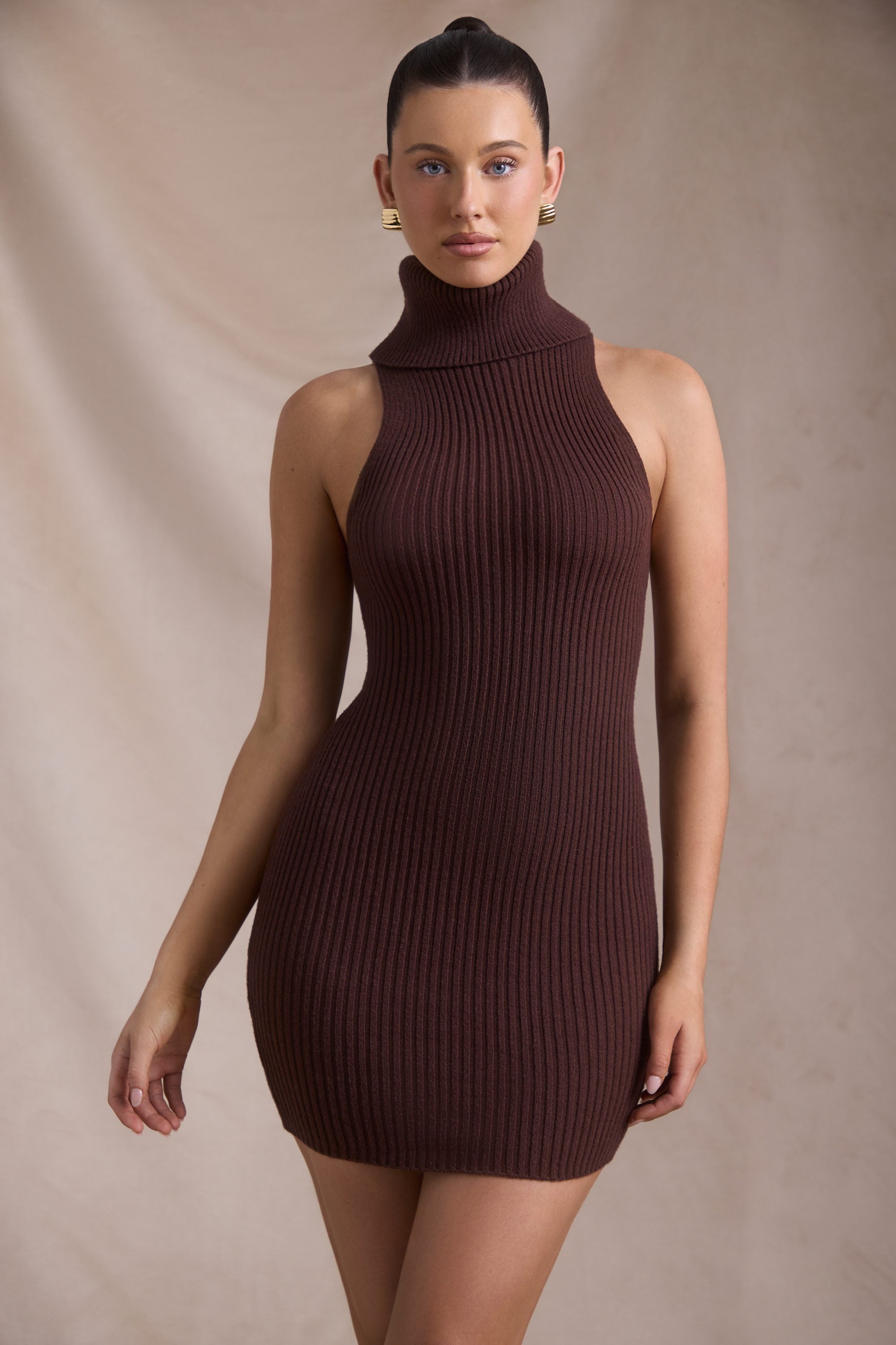 Daiya Ribbed-Knit Turtleneck Mini Dress in Espresso - Image 6