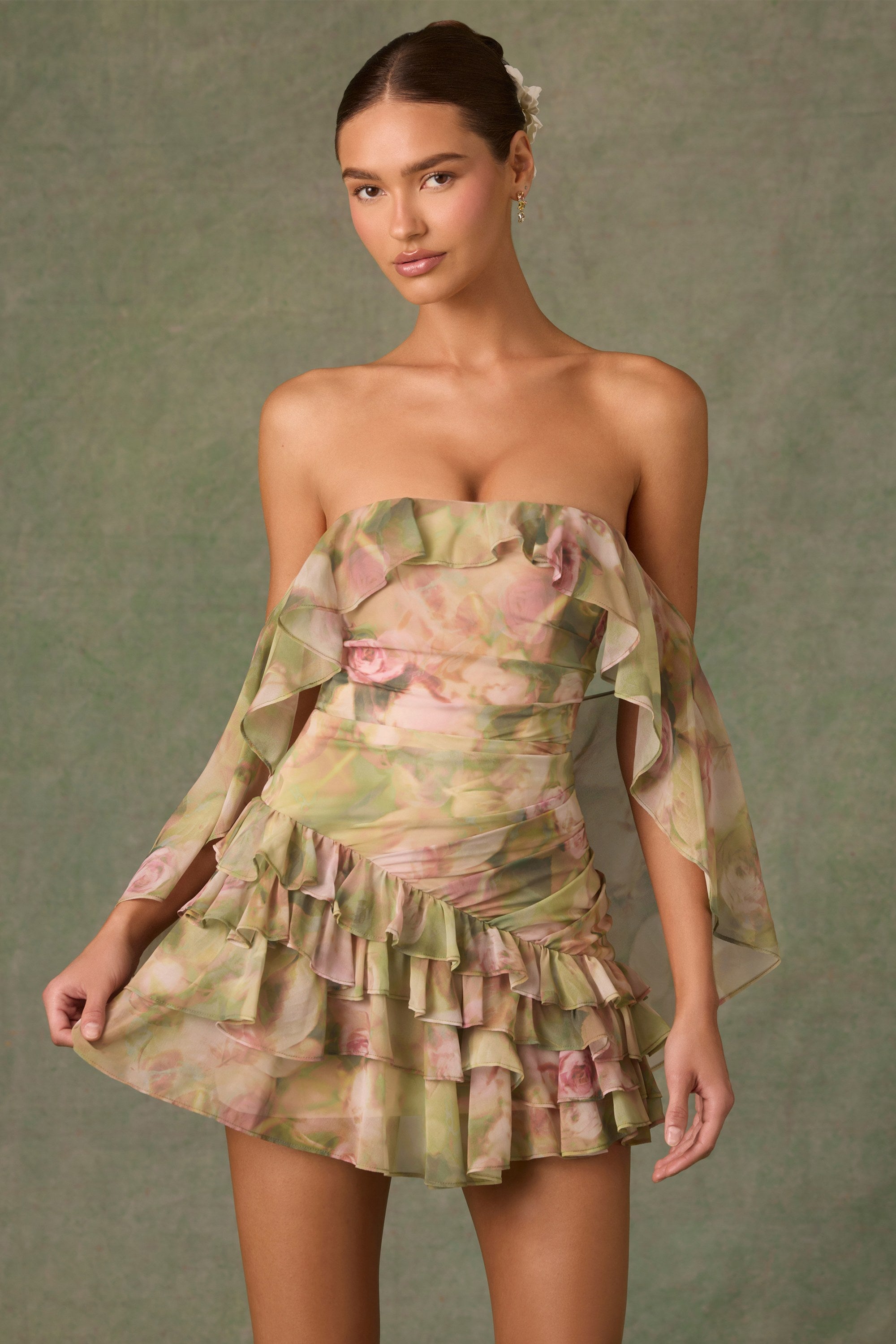 Birdie Off-Shoulder Ruffled Mini Dress in Floral Multi Print