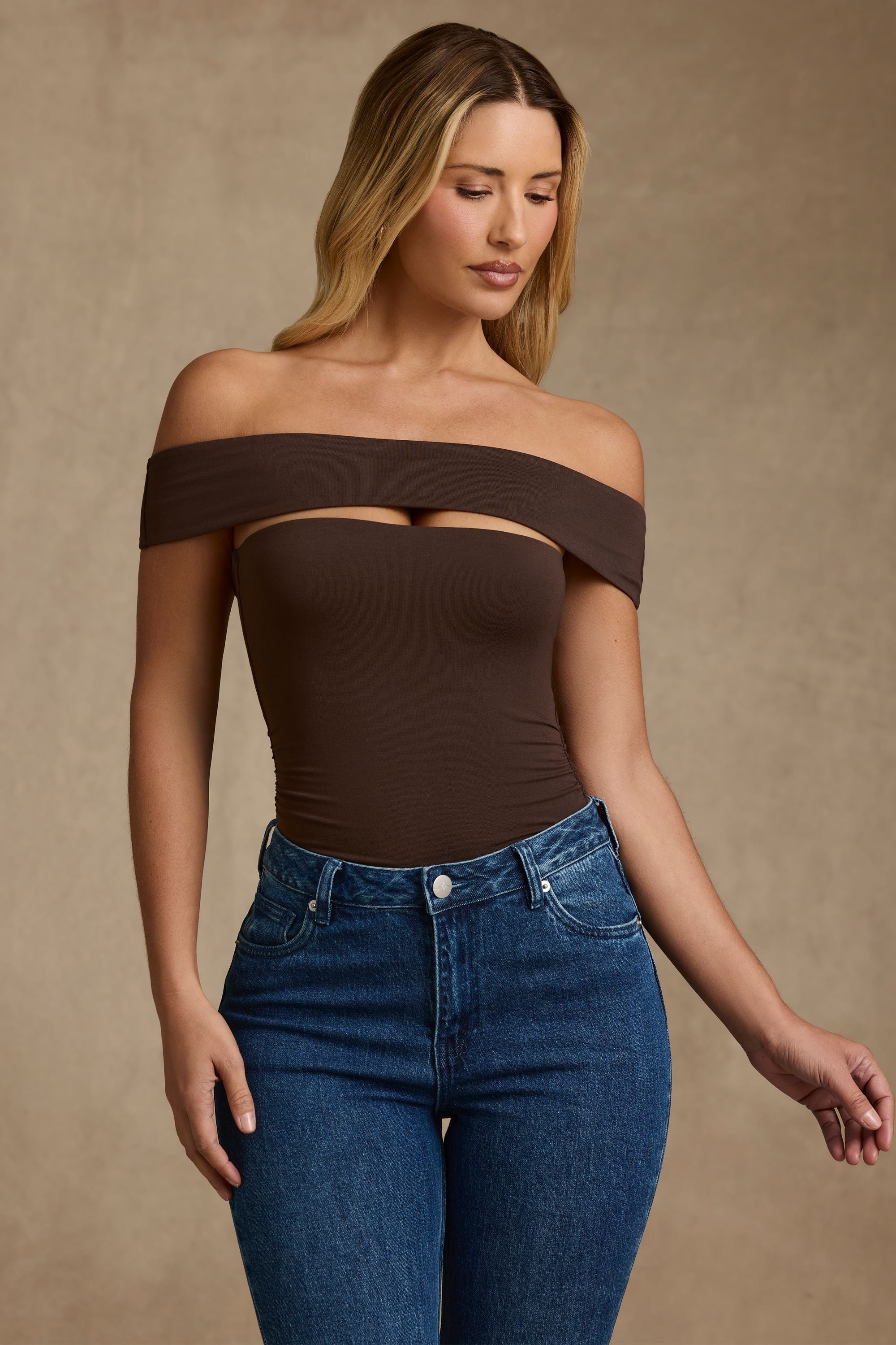 Lida Modal Cut-Out Off-Shoulder Bodysuit in Chocolate Brown