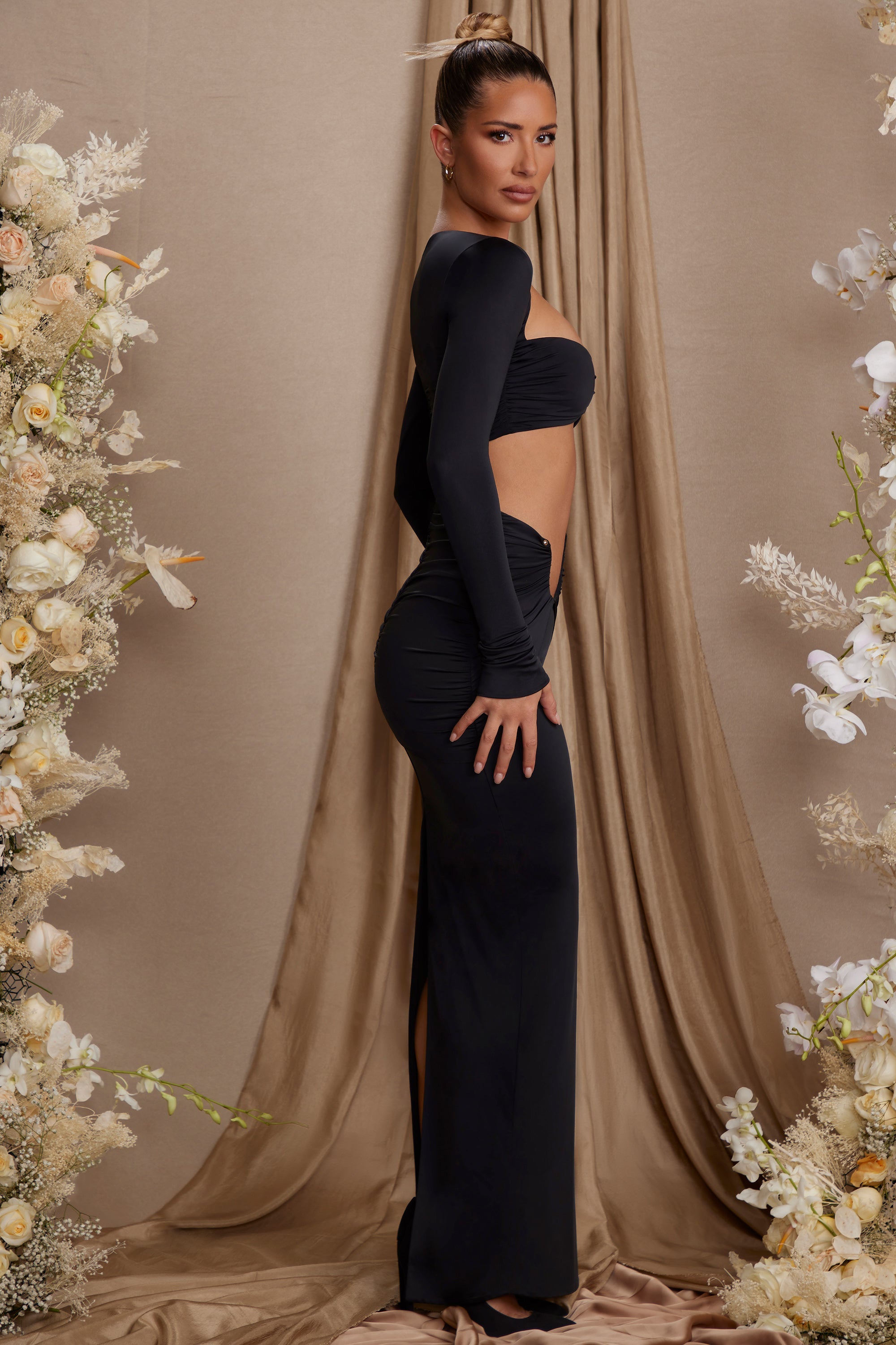 Tiani Asymmetric Draped Maxi Skirt in Black - Image 3