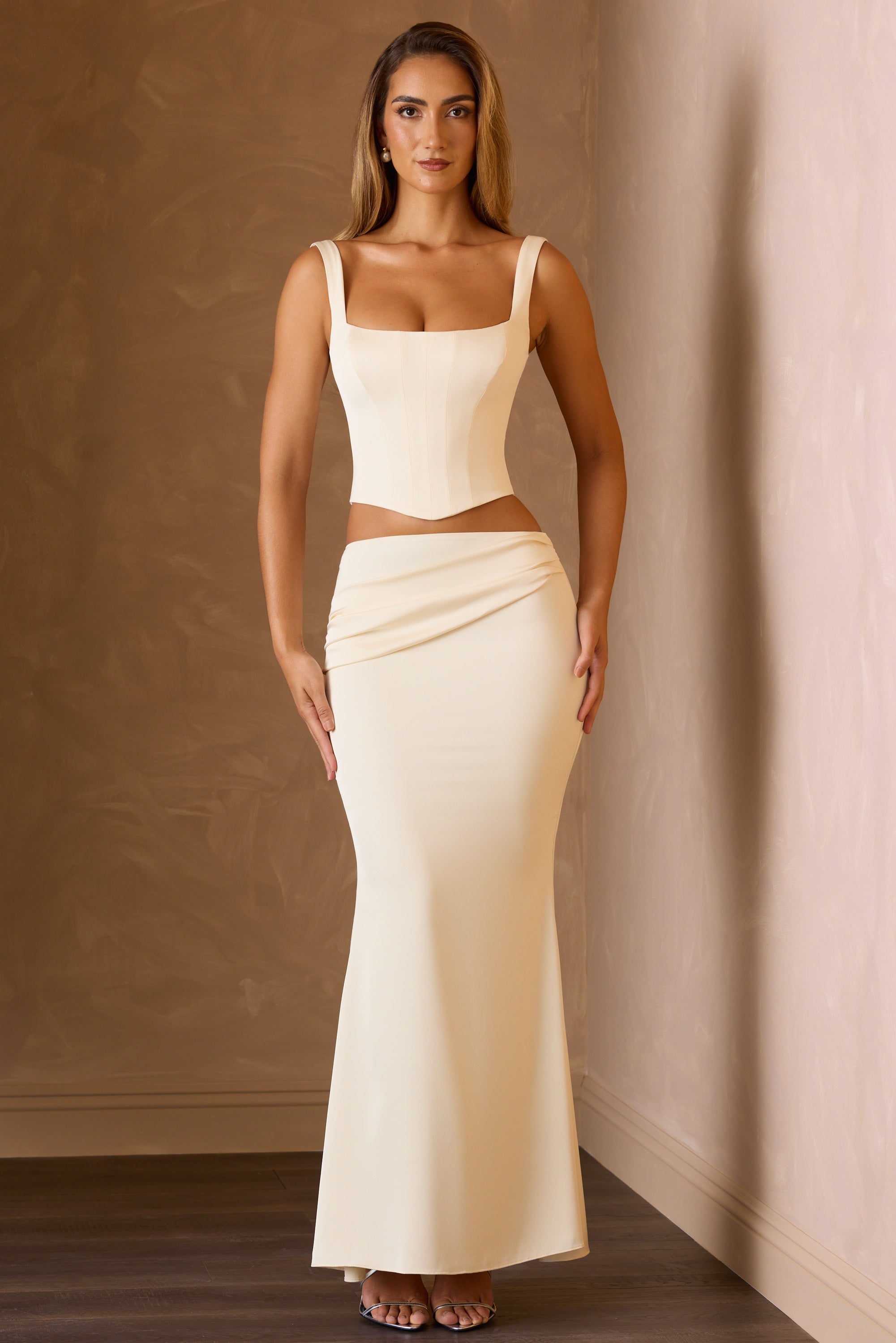 Amei Draped Low-Rise Maxi Skirt in Ivory - Image 8