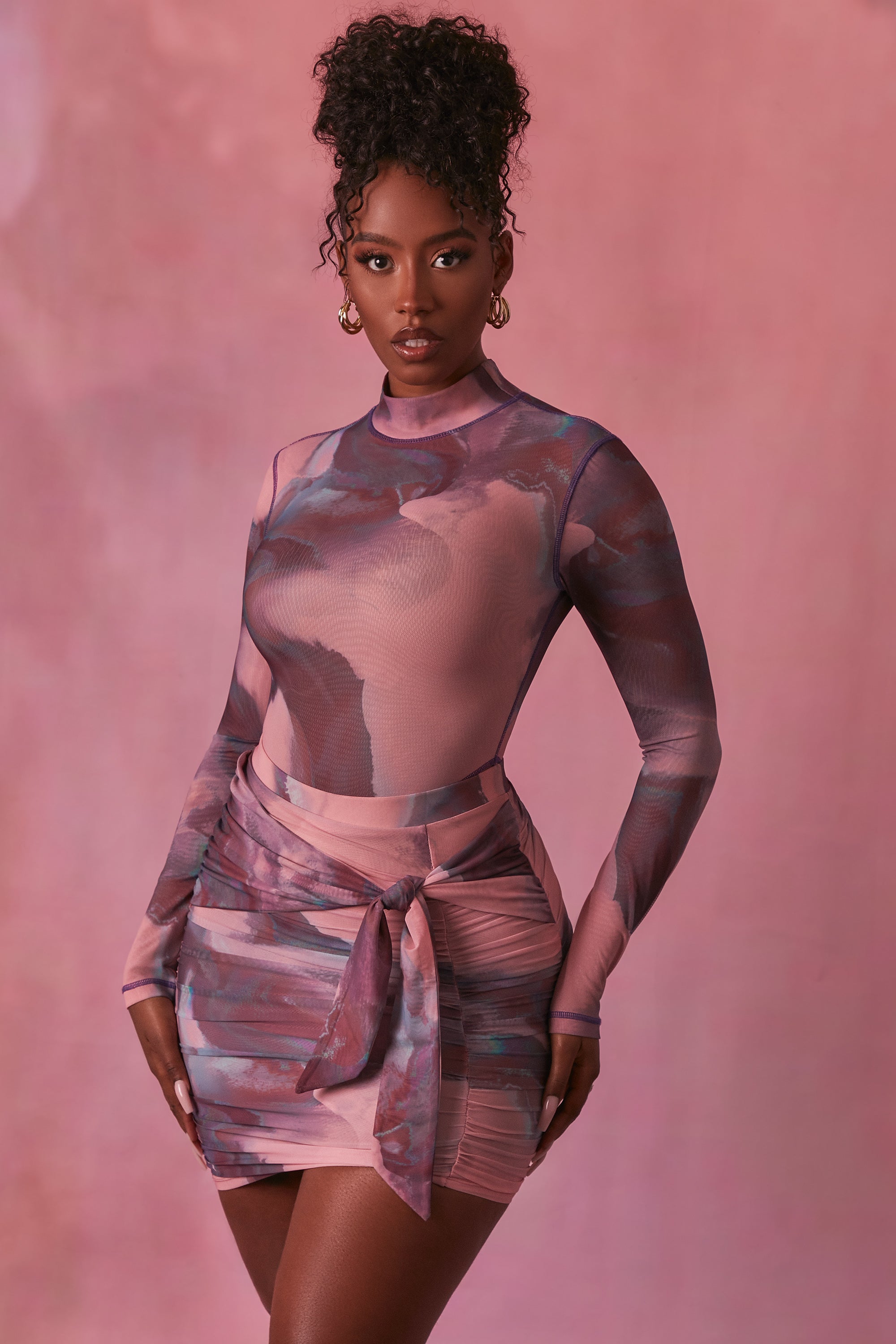 Supernova High Neck Long Sleeve Mesh Bodysuit in Blush
