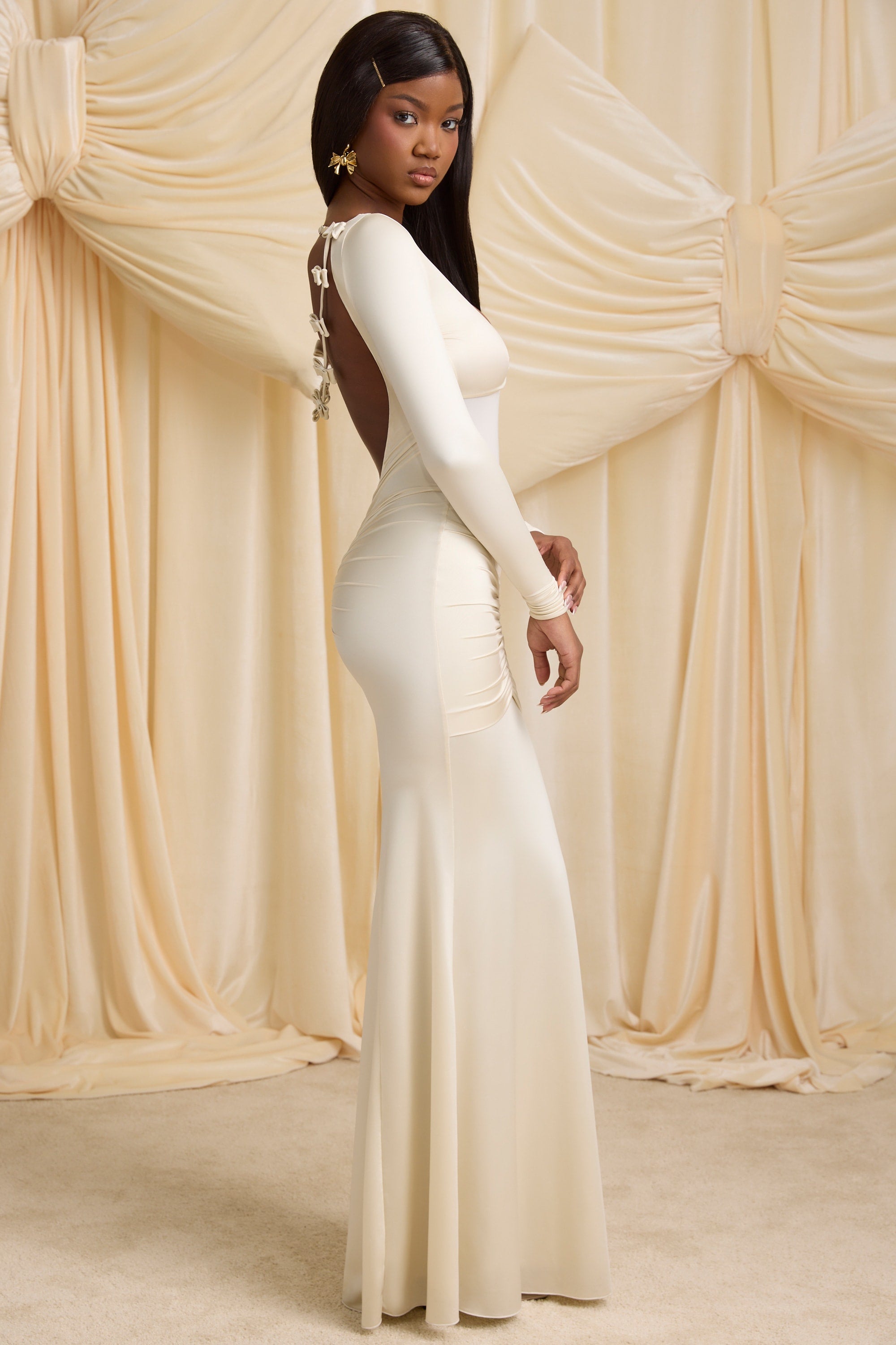 Alila Bow-Detail Ruched Maxi Dress in Ivory - Image 5