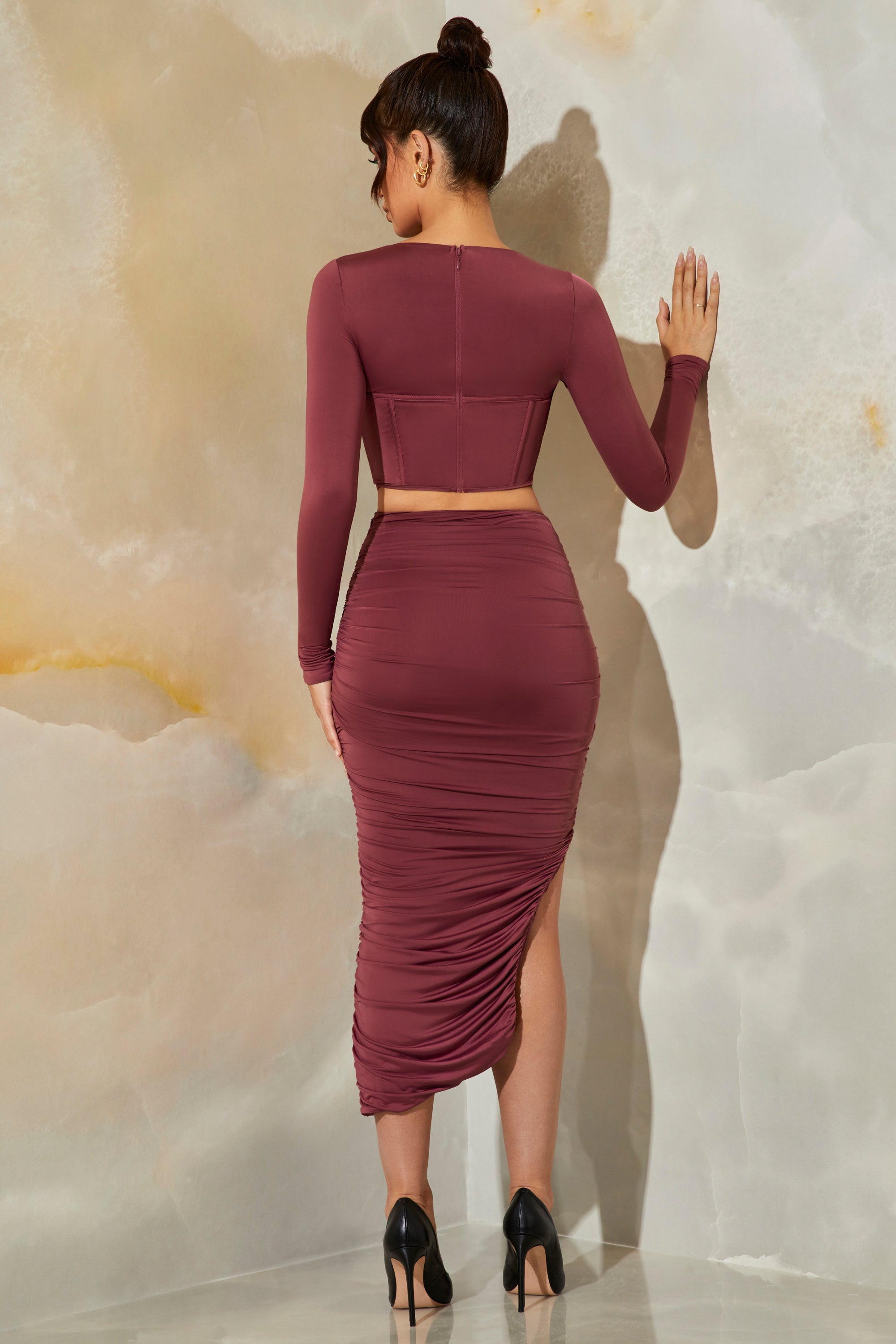 Nova Ruched Maxi Skirt in Dark Mauve - Image 2