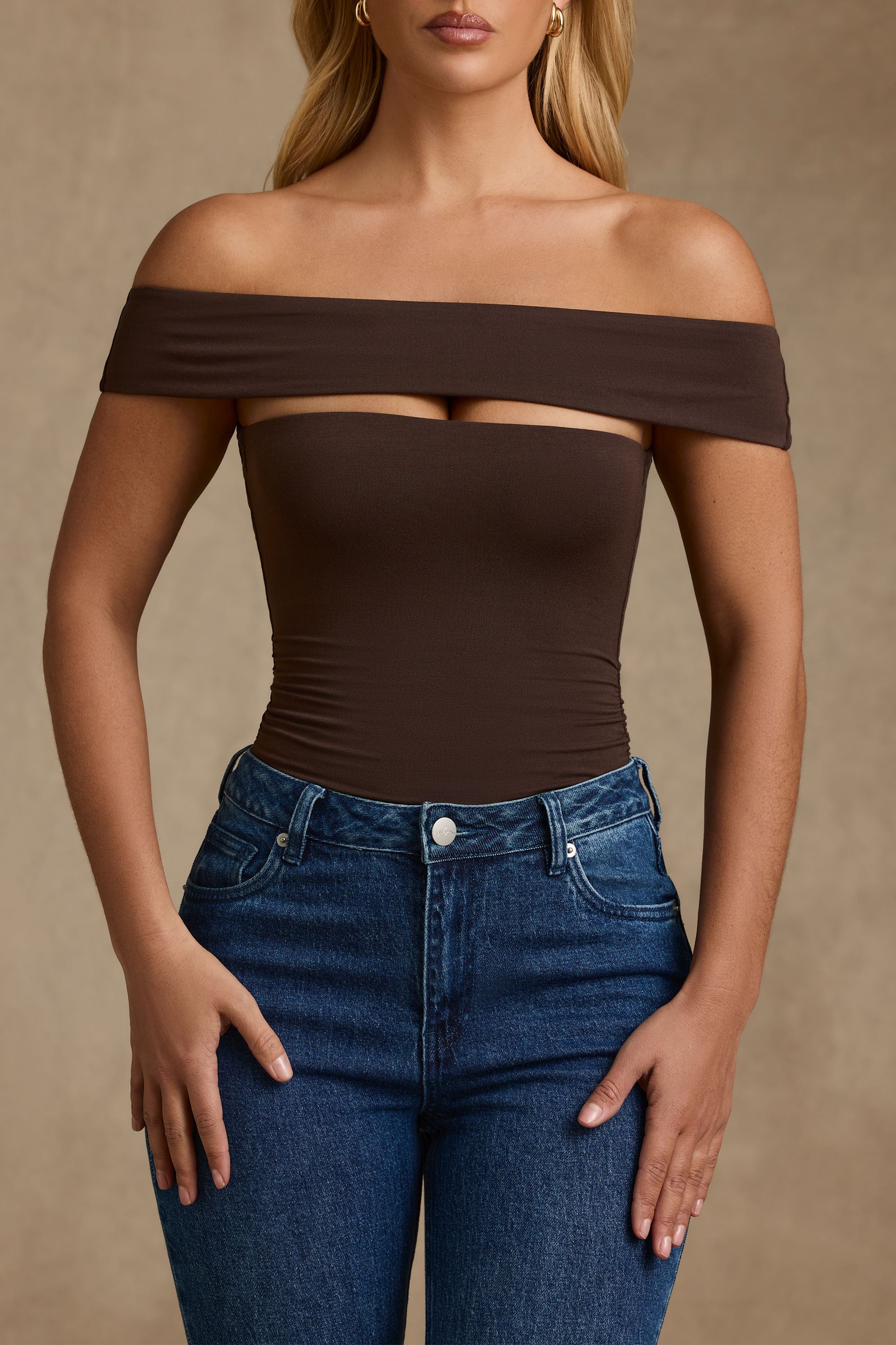 Lida Modal Cut-Out Off-Shoulder Bodysuit in Chocolate Brown - Image 5