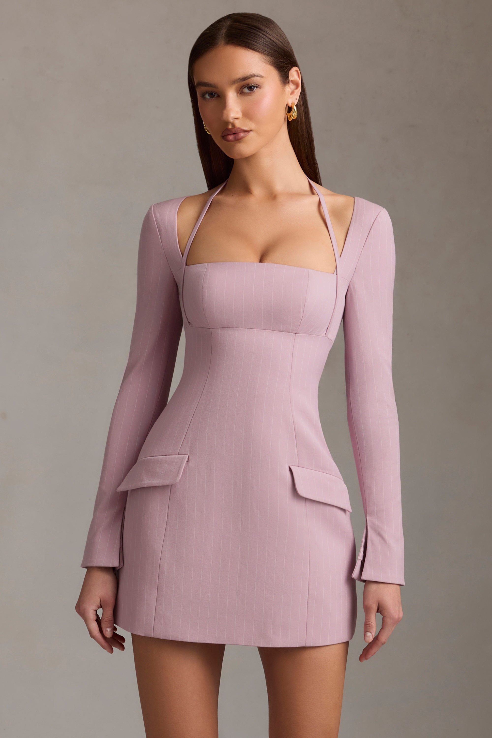 Ksenia Pinstripe Structured A-Line Mini Dress in Mauve - Image 6