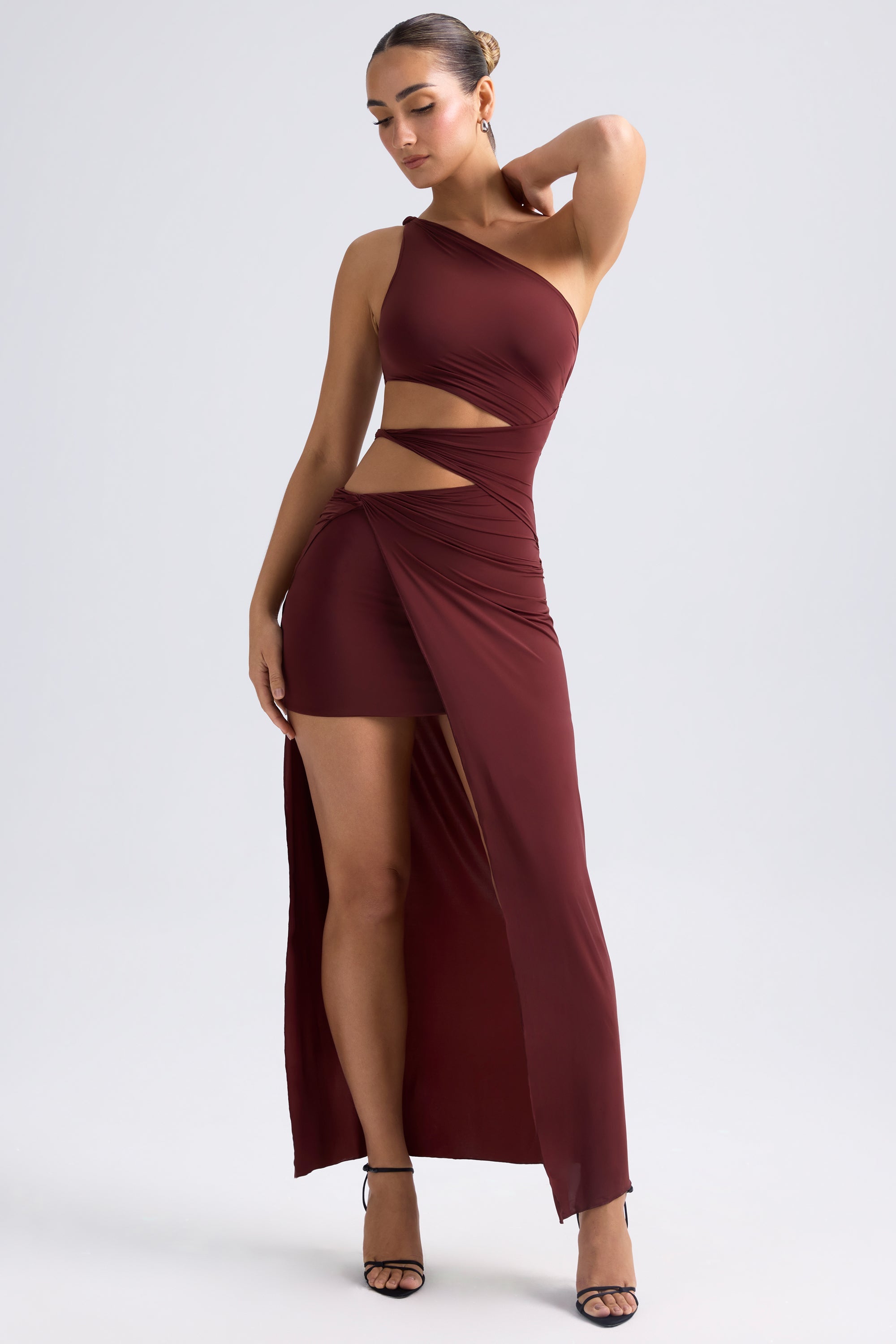 Sarjena One-Shoulder Draped Cut-Out Maxi Dress in Chestnut Brown