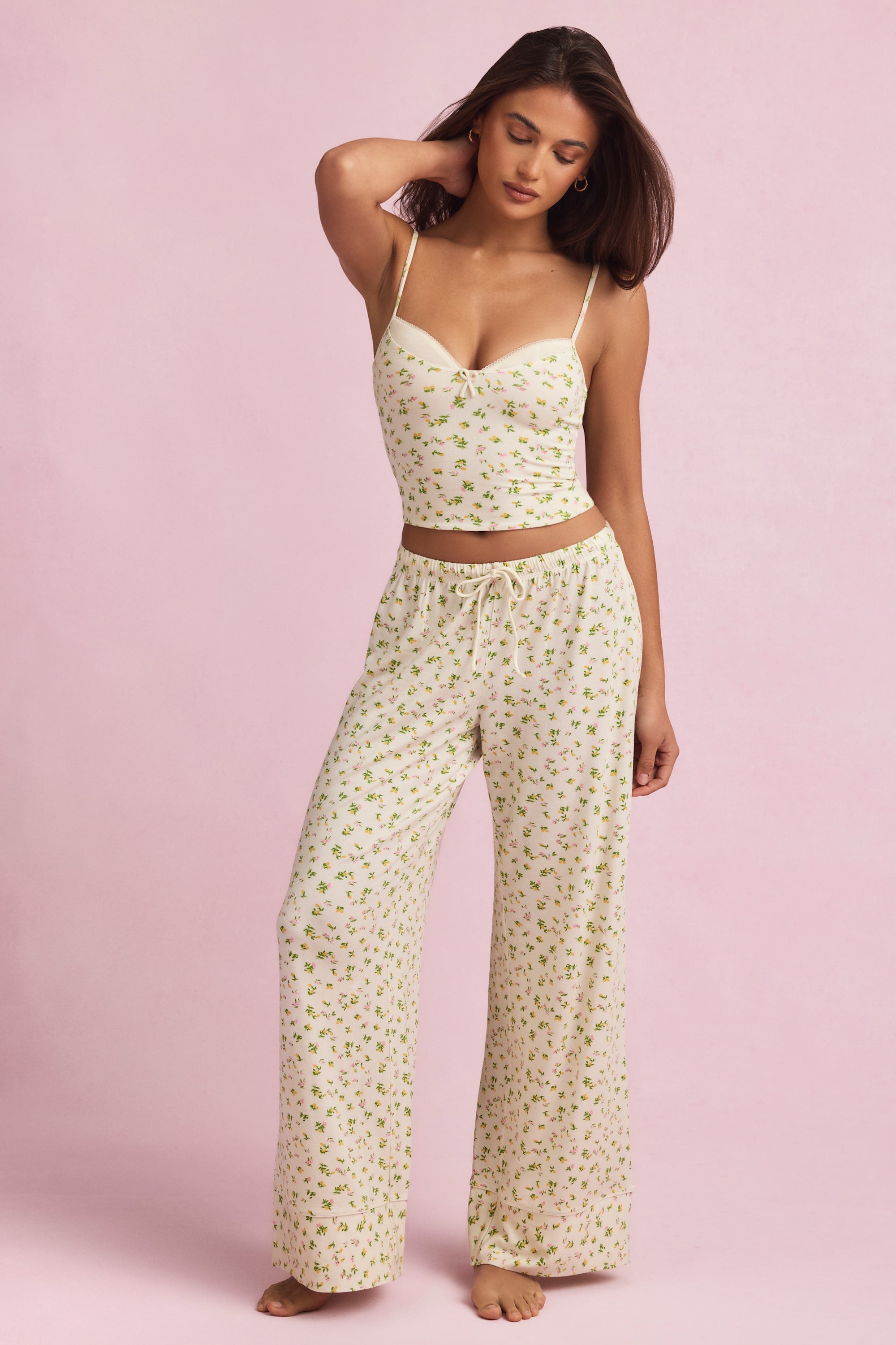 Ivelle Mid-Rise Wide-Leg Pyjama Trousers in Lemon Print