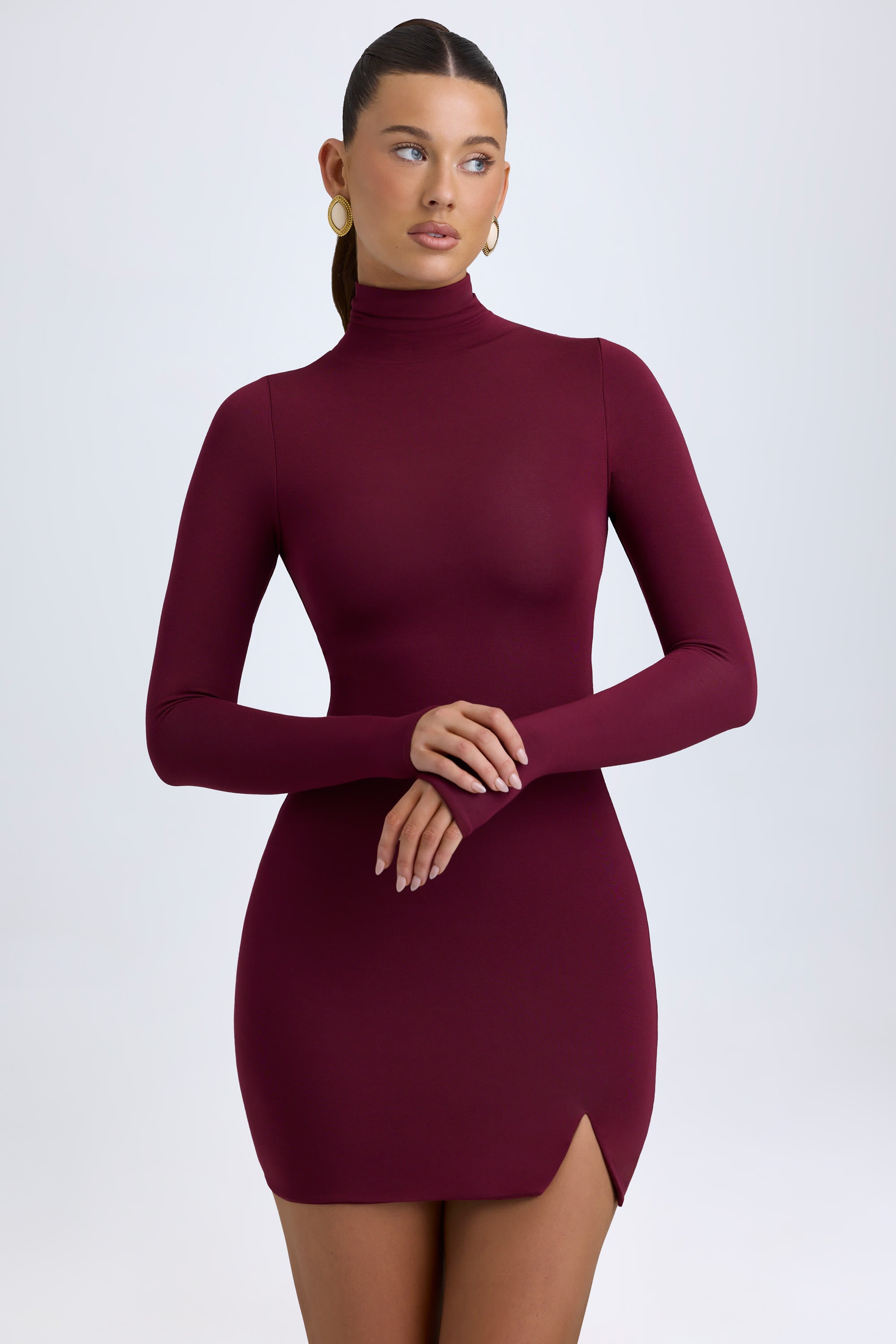 Amira Modal Turtleneck Mini Dress in Wine Red
