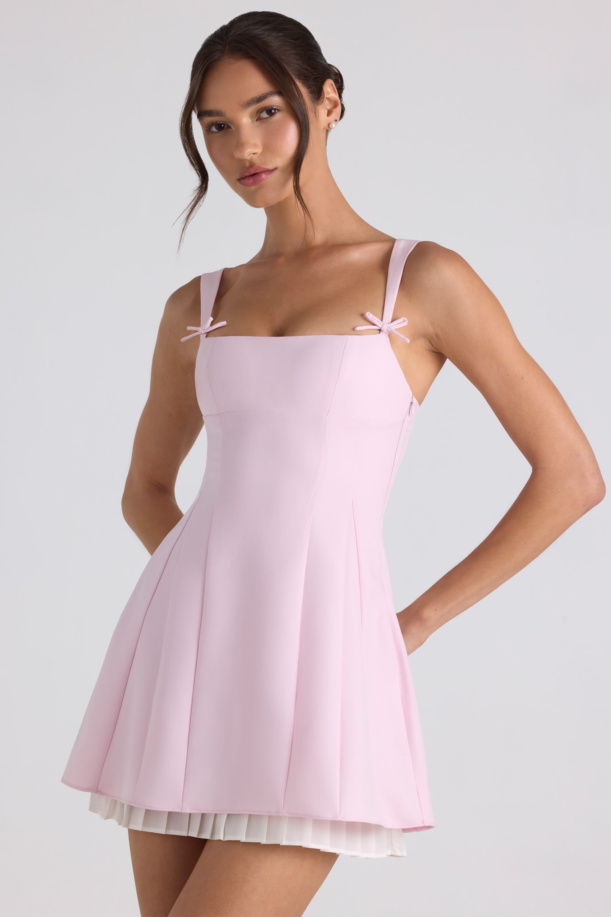 Cressida Bow-Detail Pleated A-Line Mini Dress in Soft Pink - Image 2