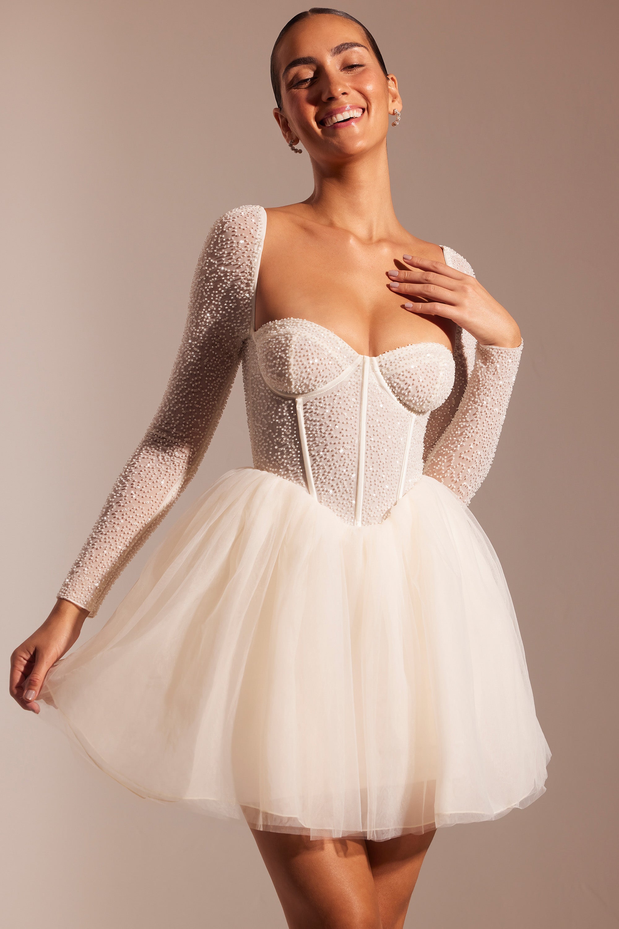 Calliope Embellished Long Sleeve Tulle Skirt Mini Dress in Ivory - Image 6