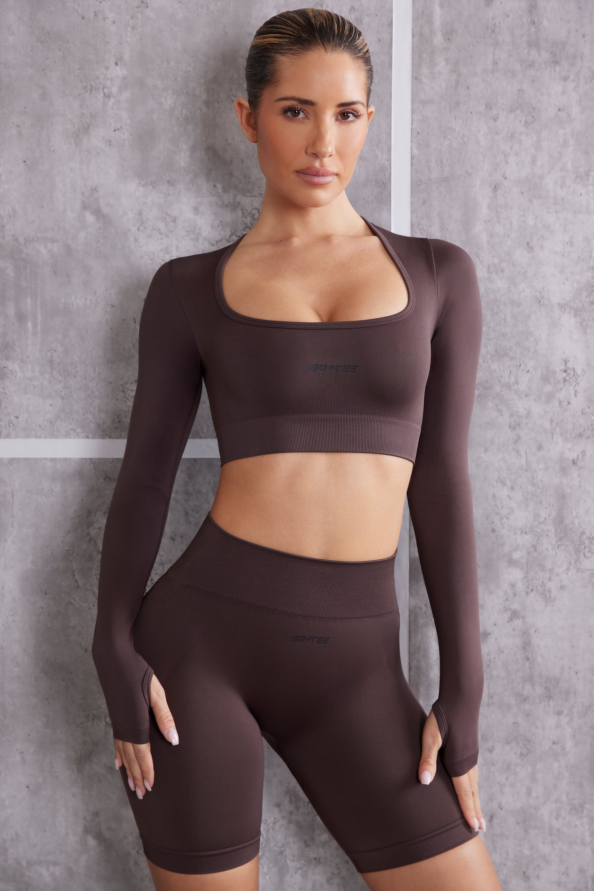 Long Sleeve Crop Top in Brown - Image 4