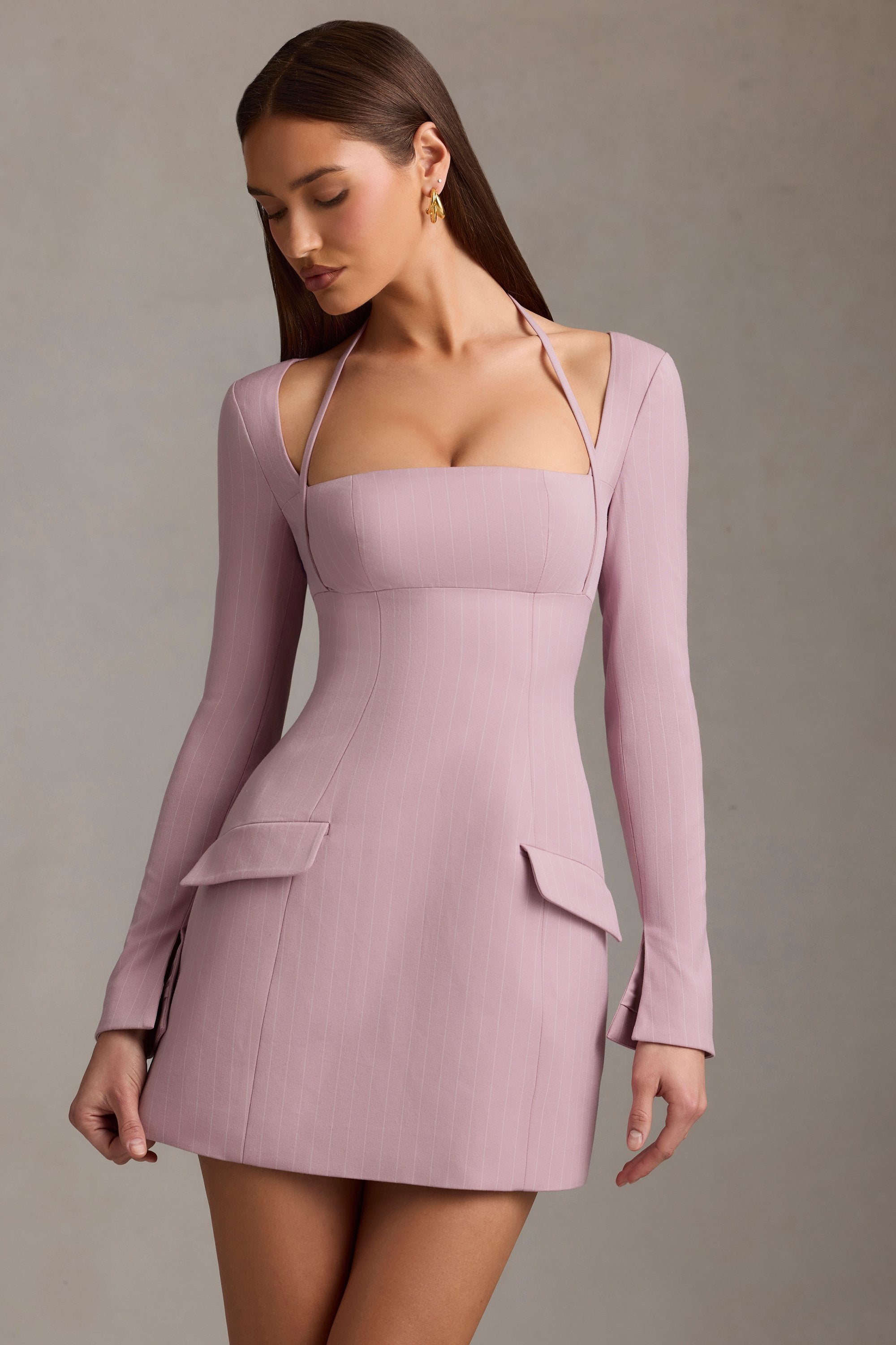 Ksenia Pinstripe Structured A-Line Mini Dress in Mauve - Image 8