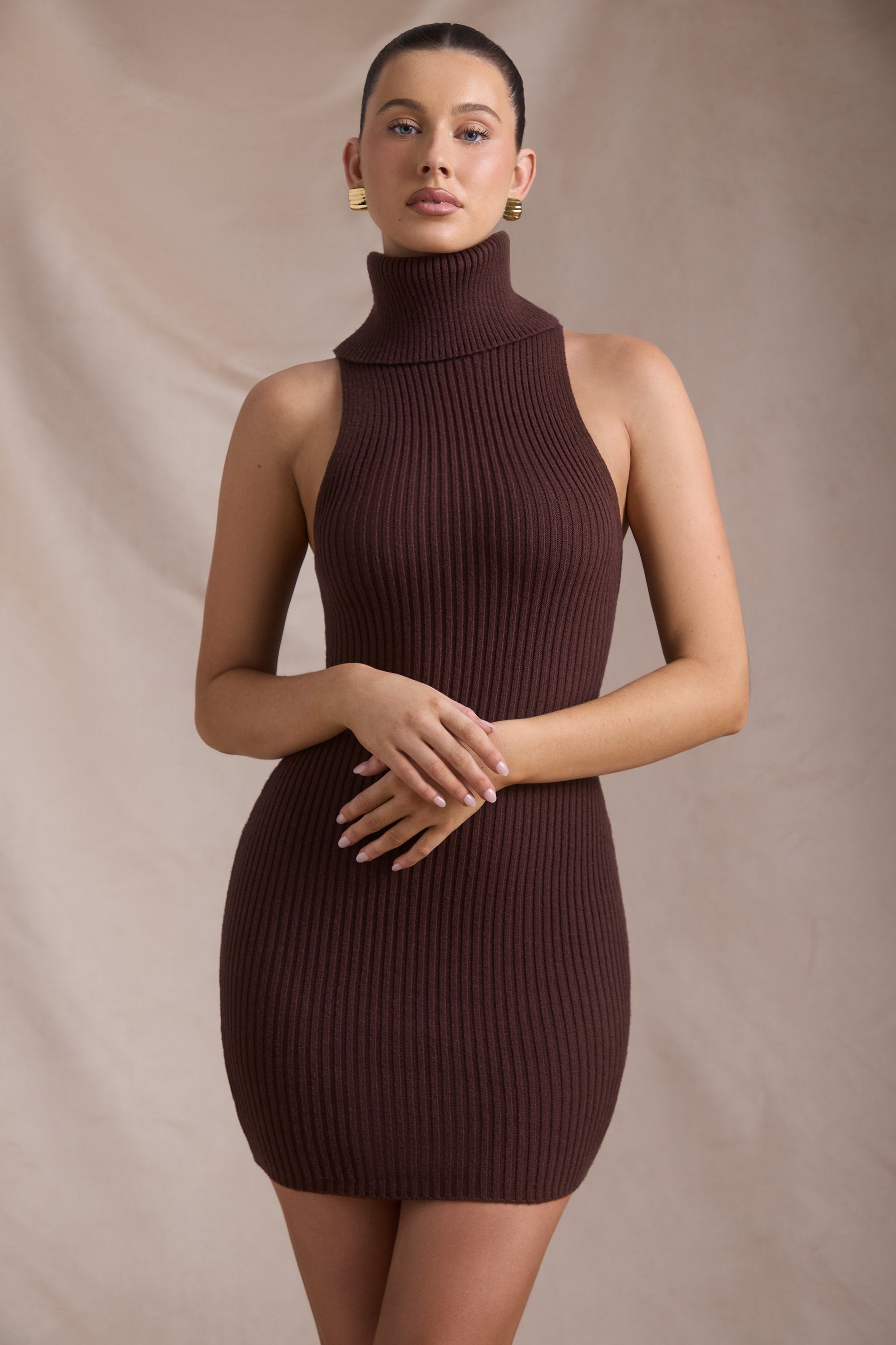Daiya Ribbed-Knit Turtleneck Mini Dress in Espresso - Image 7