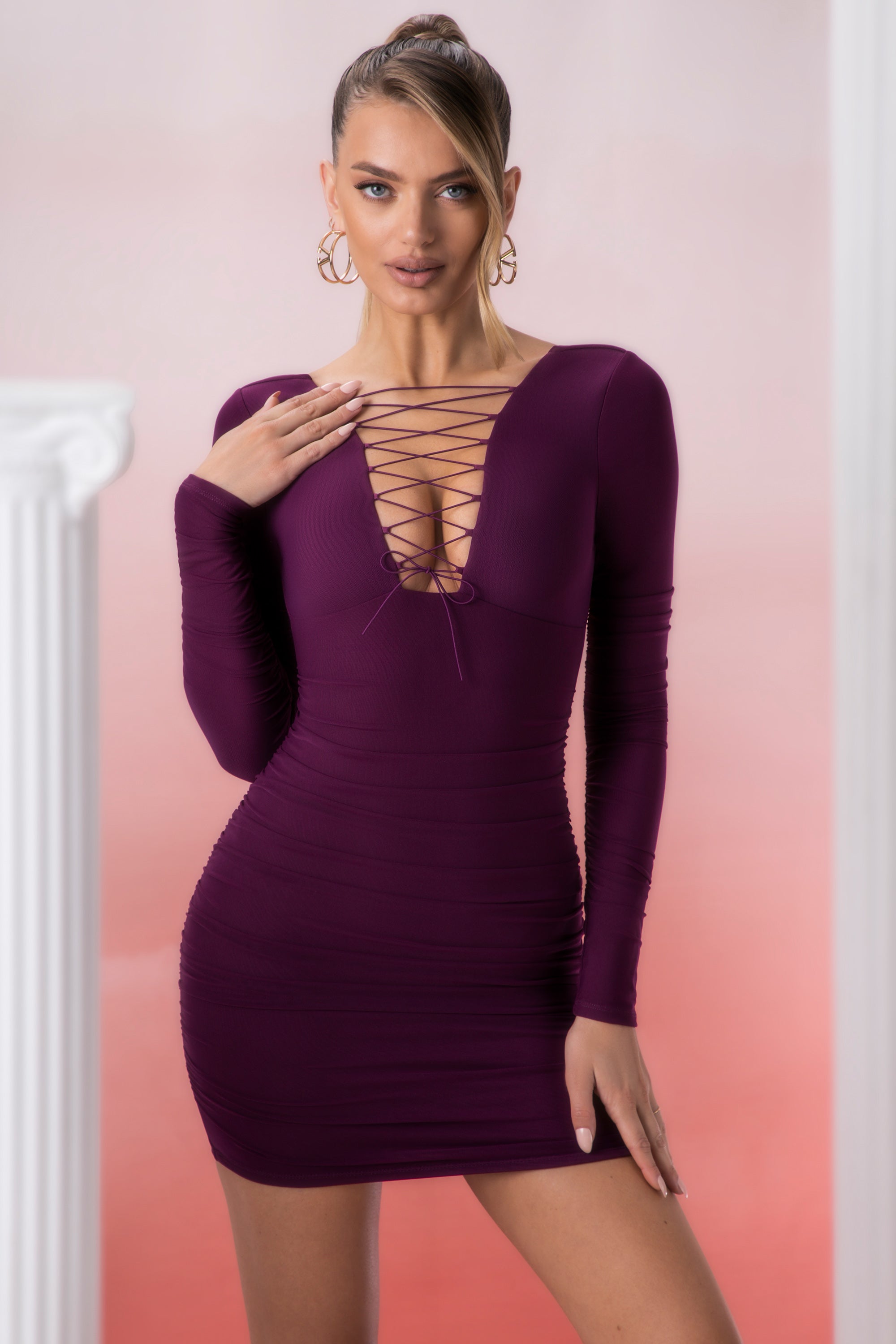 Pragma Long Sleeve Lace Up Mini Dress in Wine - Image 8