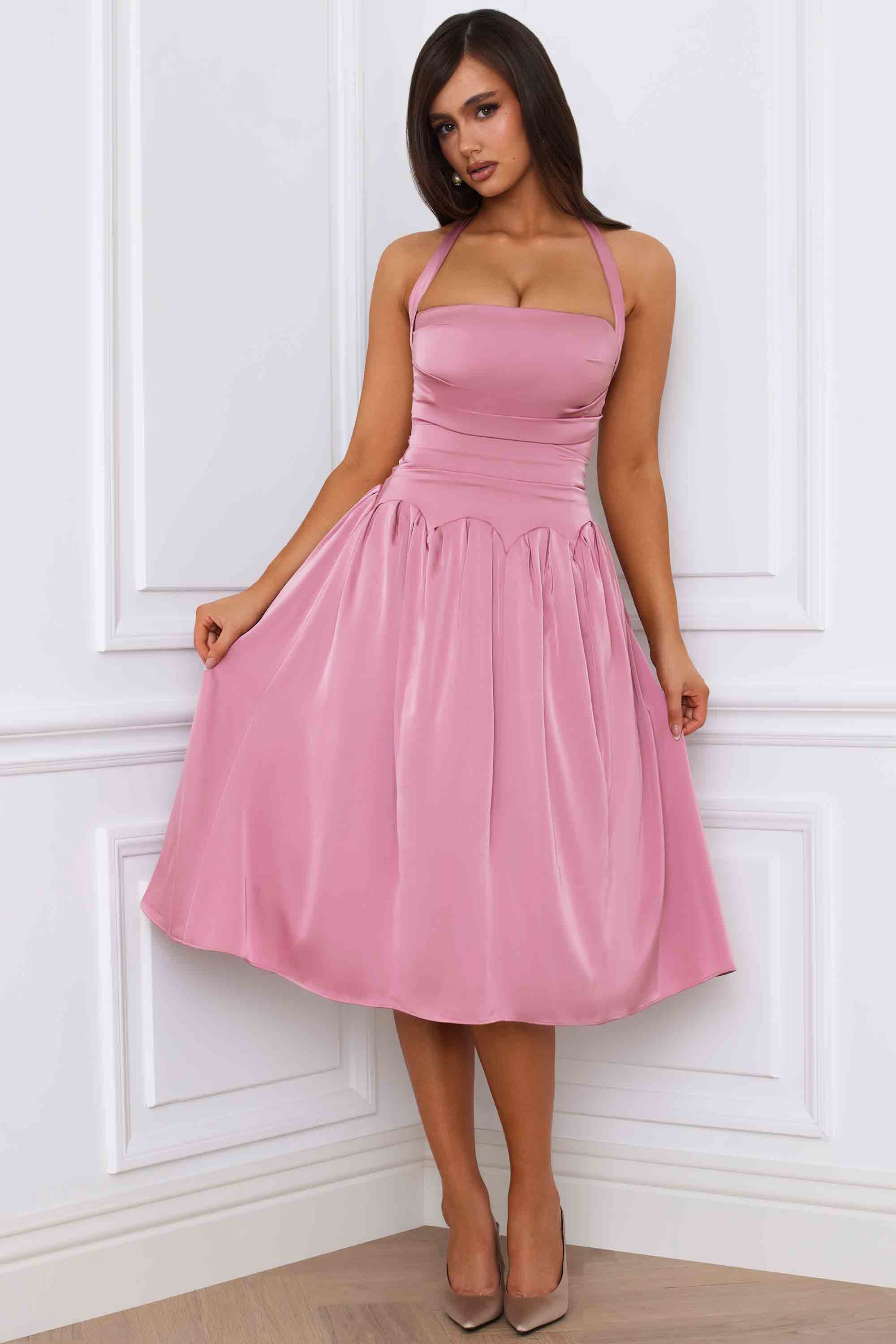 Amelie Halterneck Lace-Up Ruched Corset Midi Dress in Mauve - Image 5