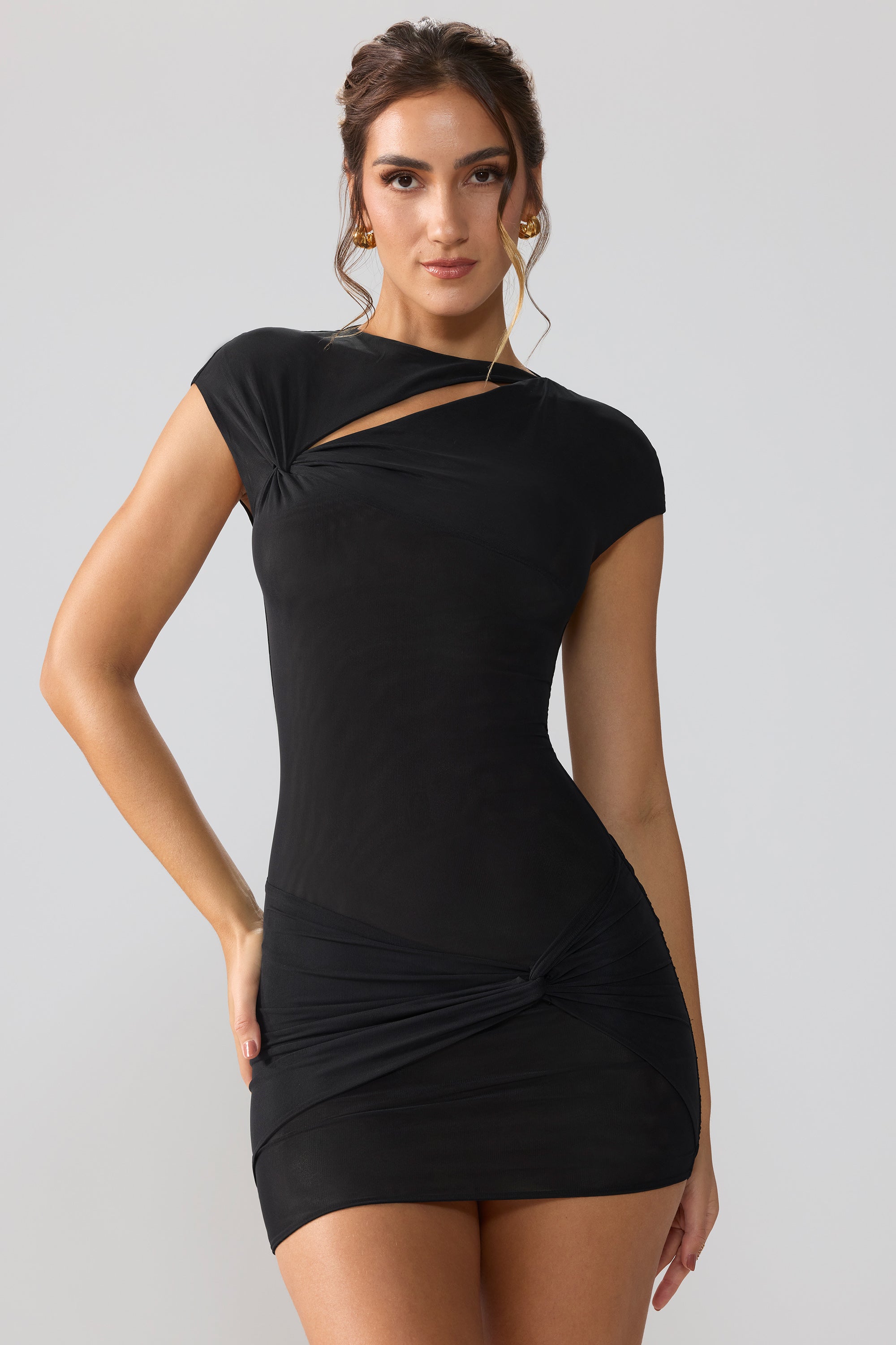 Aurelia Mesh Cap Sleeve Cut Out Mini Dress in Black