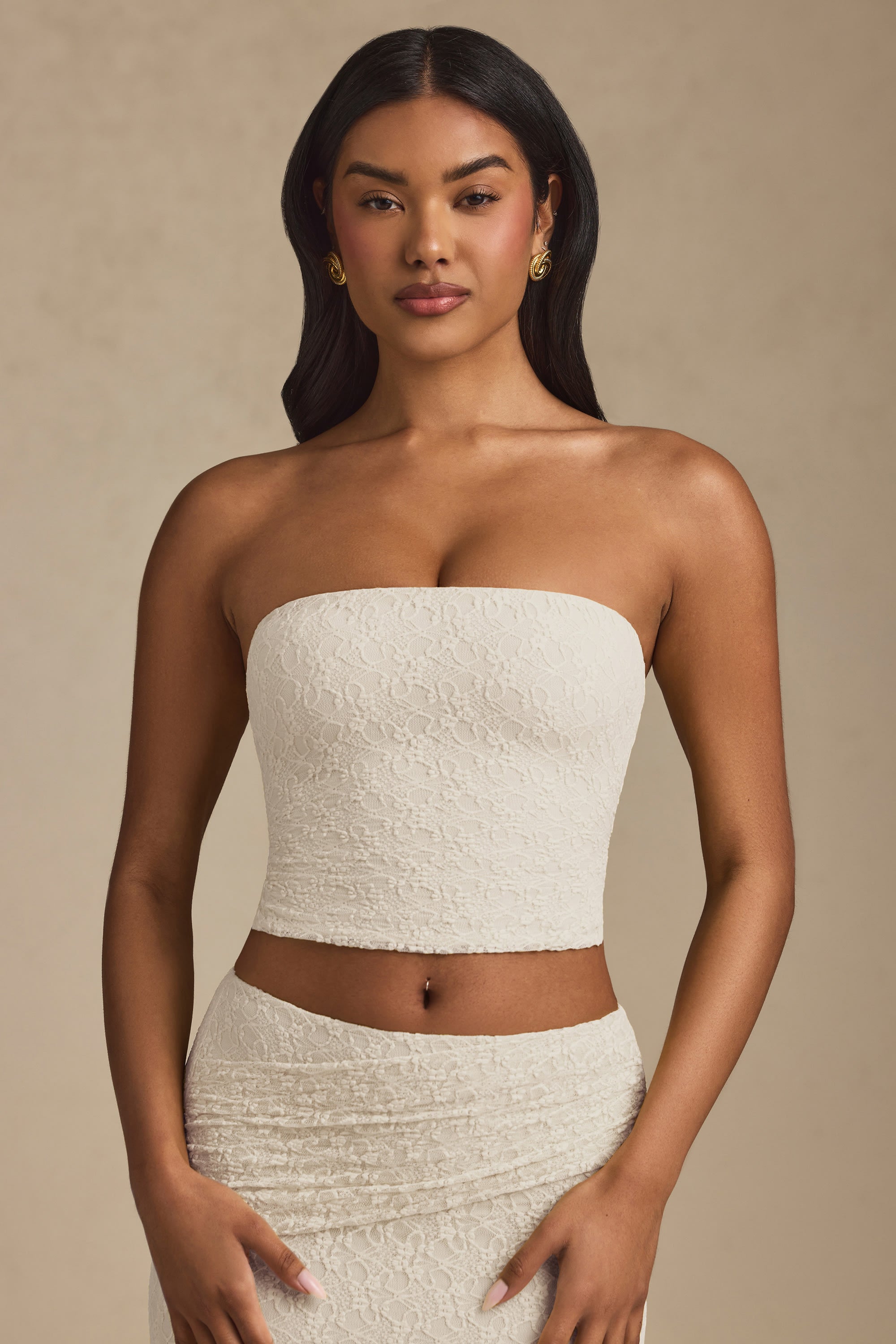 Tamia Ruched Strapless Lace Top in Ivory