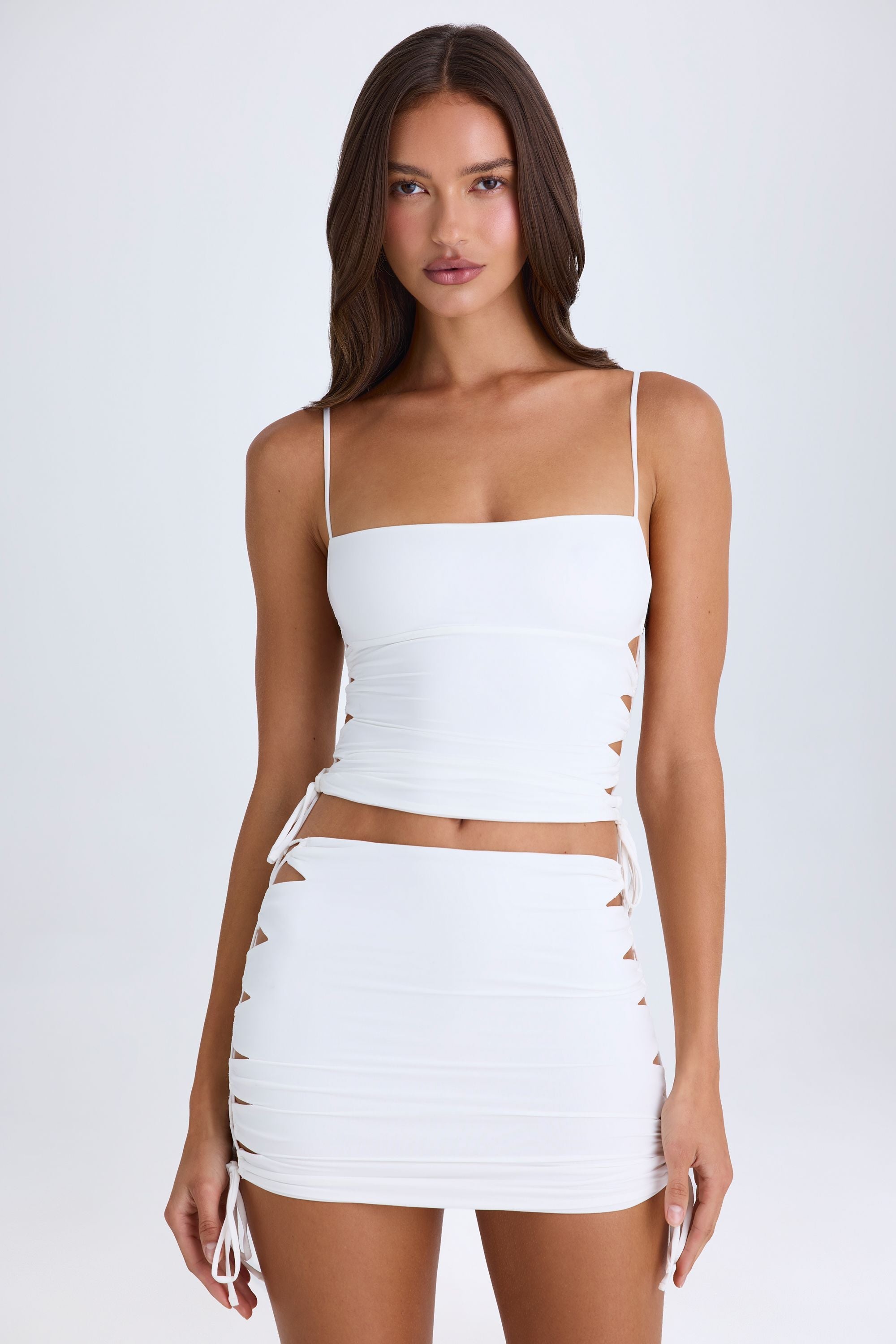Francisca Ruched Cut-Out Mini Skirt in White - Image 5