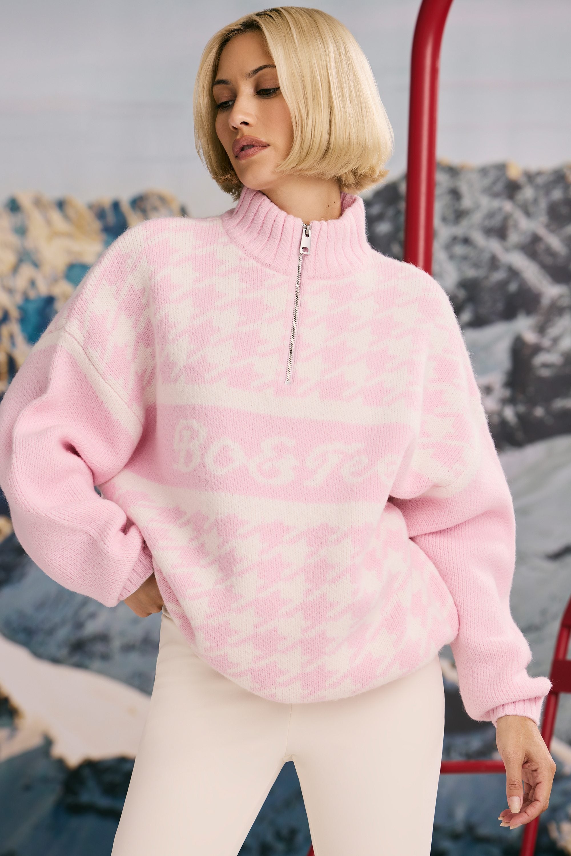 Oversized Half-Zip Chunky-Knit Jumper in Pastel Pink - Image 5