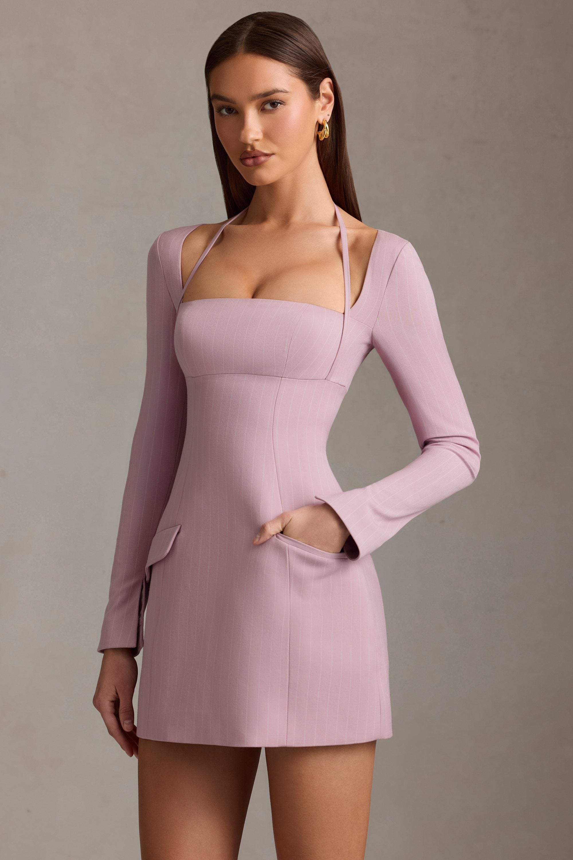 Ksenia Pinstripe Structured A-Line Mini Dress in Mauve - Image 10